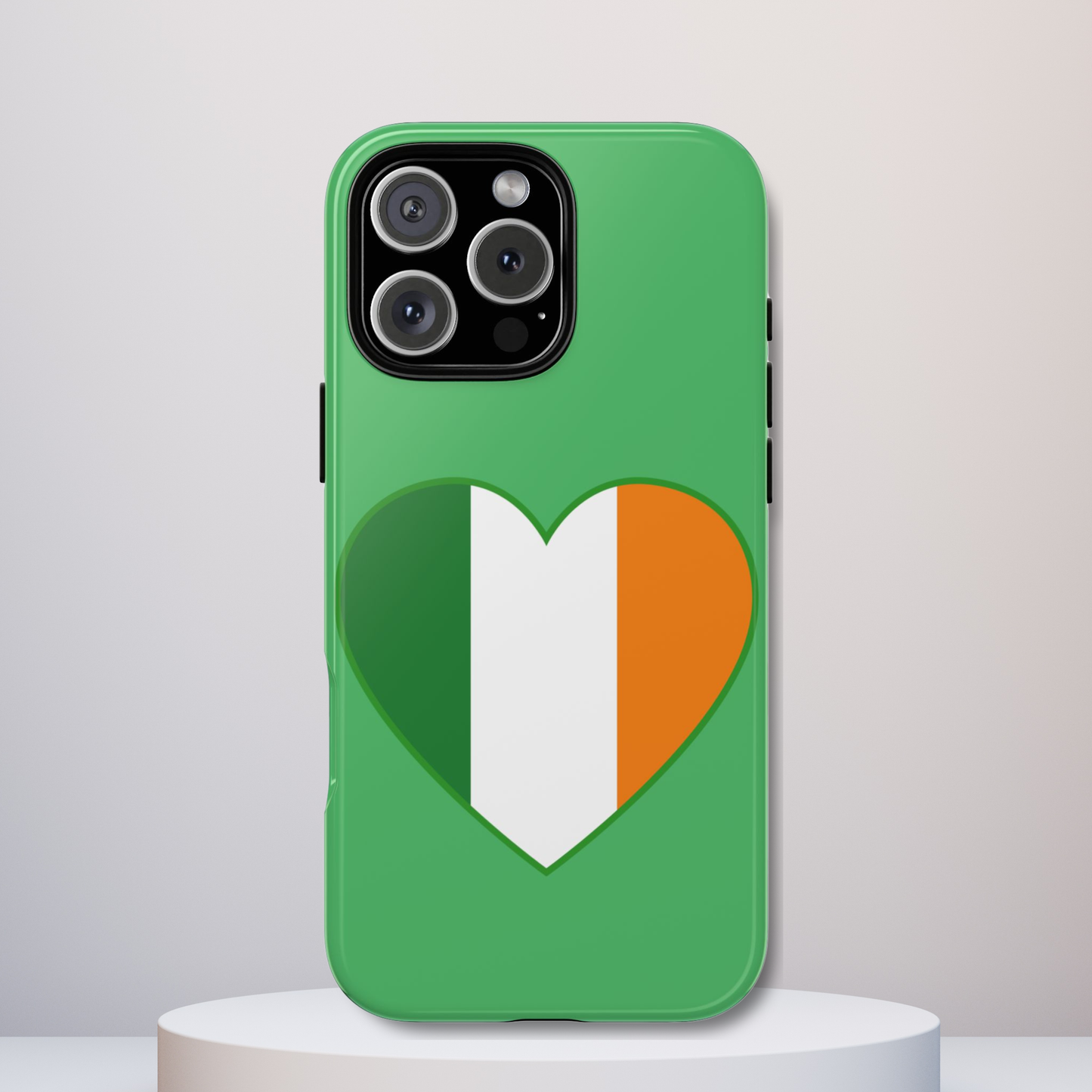 Tough Case Ireland Heart Flag Design Phone Cover Compatible with iPhone 17, 16, 15, 14, 13, Galaxy, Google, Green White Orange Irish Art