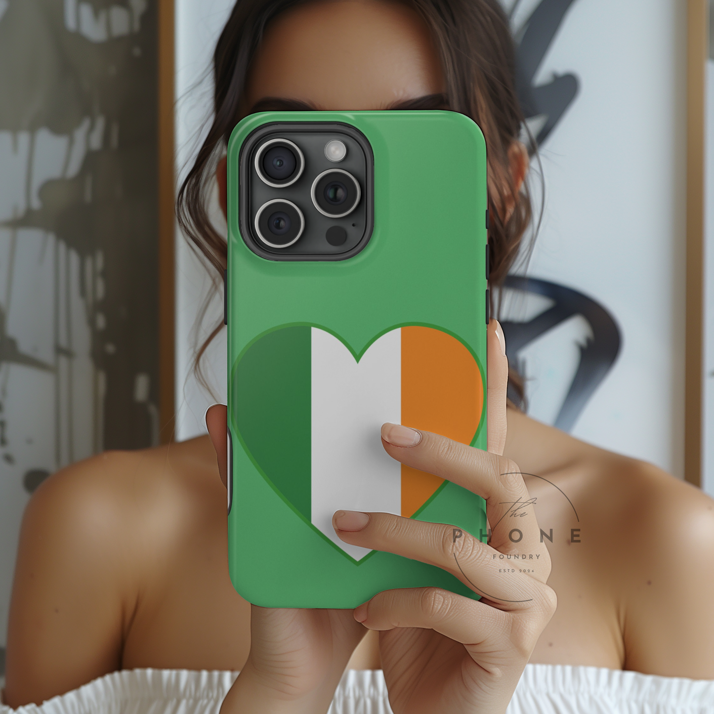 Tough Case Ireland Heart Flag Design Phone Cover Compatible with iPhone 17, 16, 15, 14, 13, Galaxy, Google, Green White Orange Irish Art