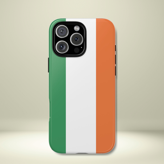 Tough Case Ireland Flag Design Phone Cover Compatible with iPhone 17, 16, 15, 14, 13, Galaxy, Google, Irish Tricolor Green White Orange