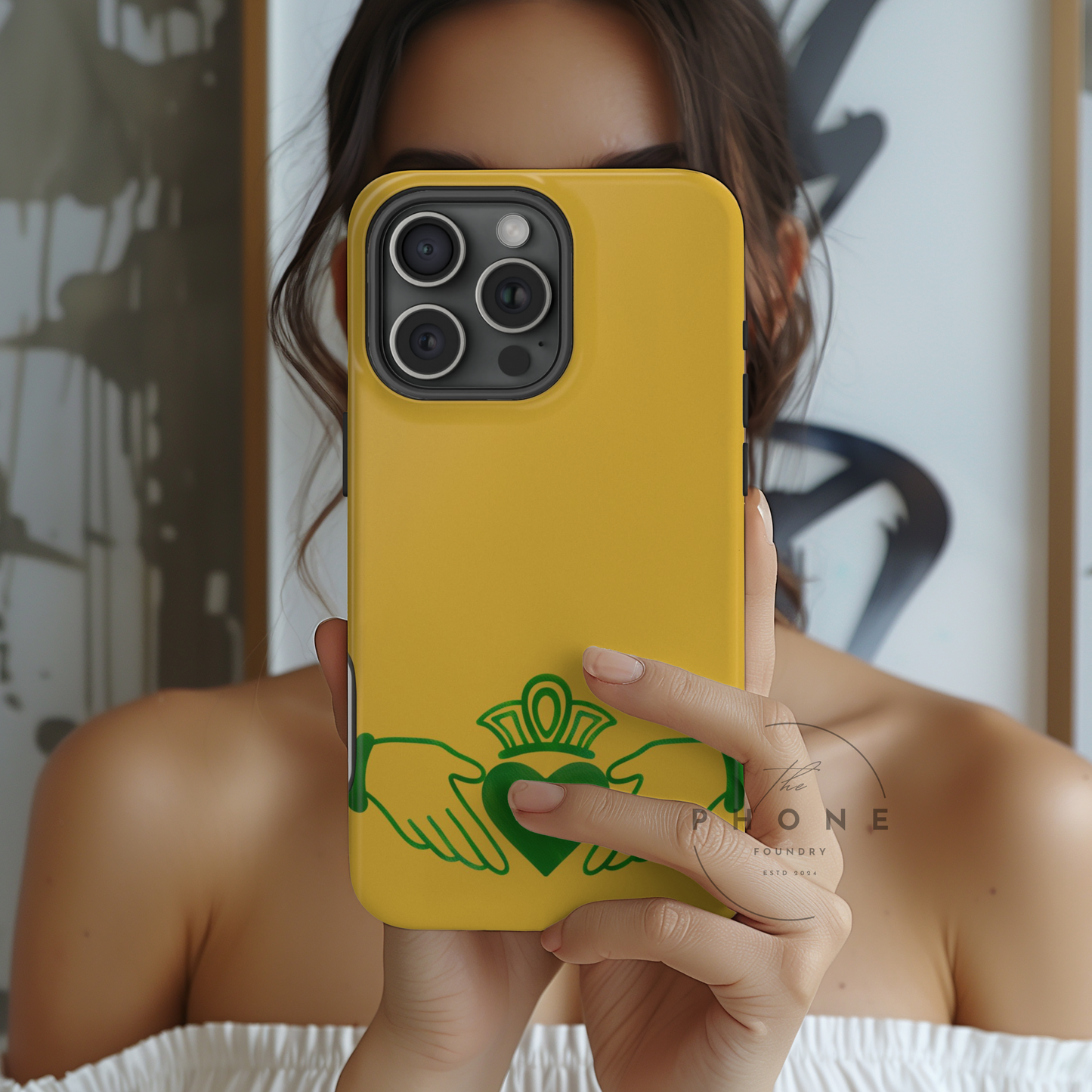 Tough Case Irish Claddagh Symbol Gold and Green Design Phone Cover Compatible with iPhone 17, 16, 15, 14, 13, Galaxy, Google, Ireland Art