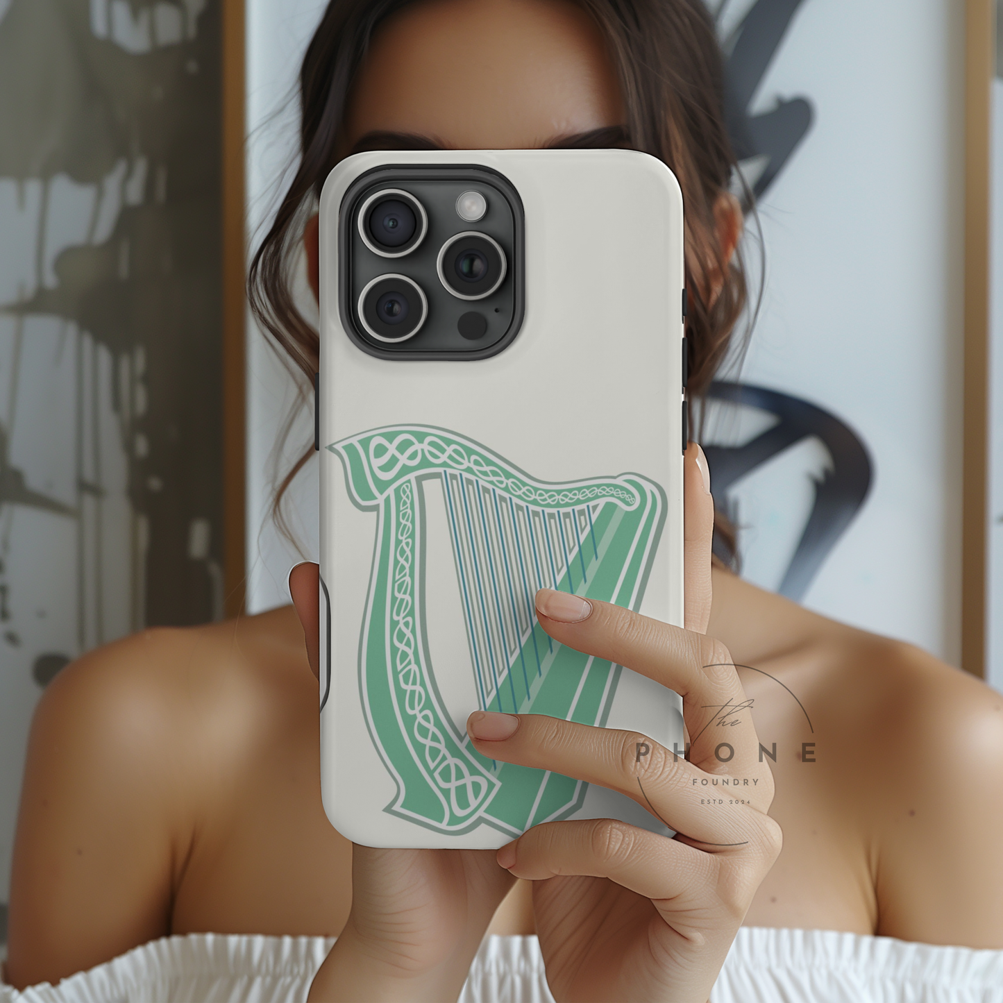 Tough Case Irish Harp Design Phone Cover Compatible with iPhone 17, 16, 15, 14, 13, Galaxy, Google, Celtic Heritage Ireland Symbol Art