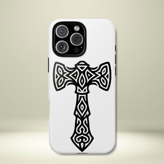 Tough Case Celtic Cross Black and White Design Phone Cover Compatible with iPhone 17, 16, 15, 14, 13, Galaxy, Google Irish Heritage Pattern