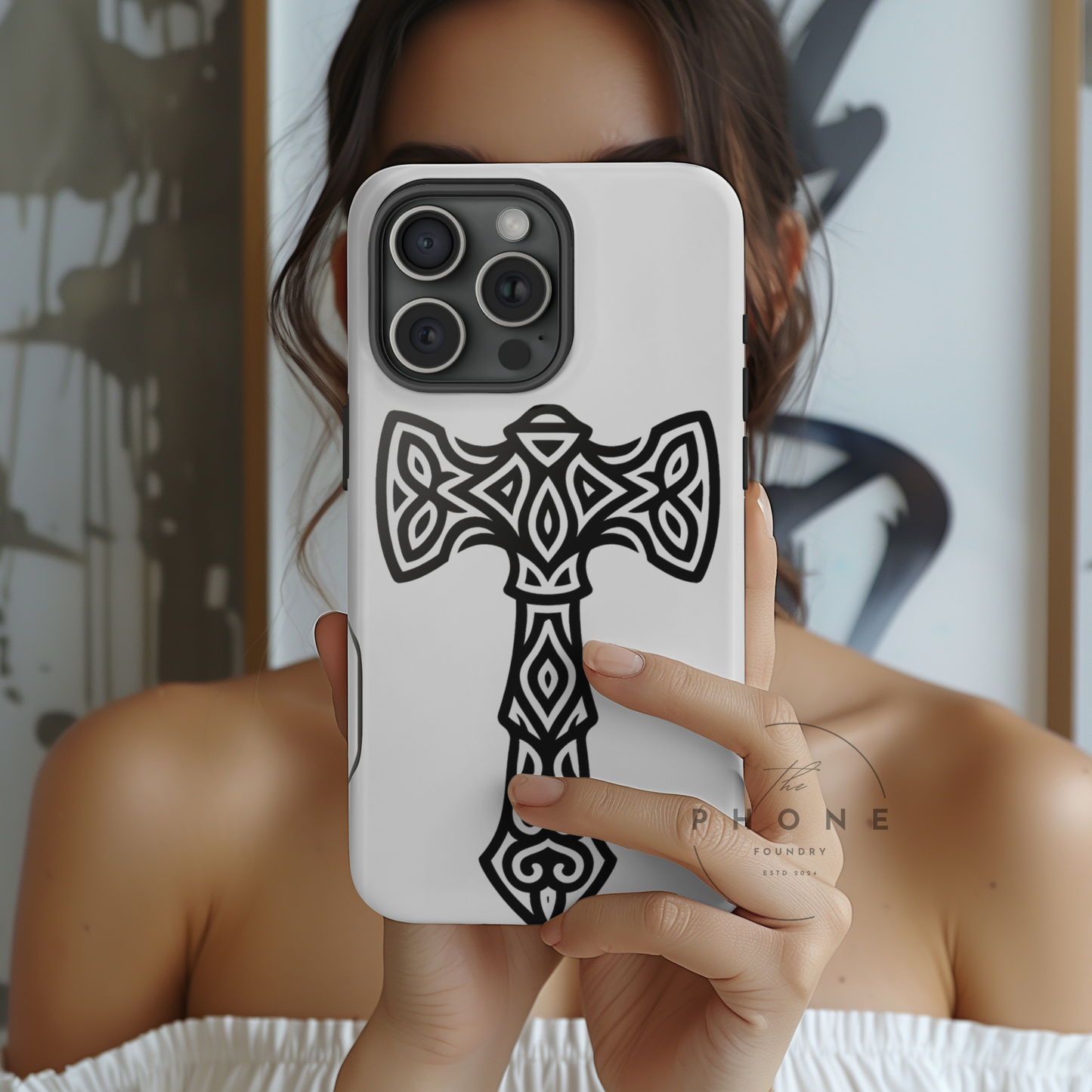Tough Case Celtic Cross Black and White Design Phone Cover Compatible with iPhone 17, 16, 15, 14, 13, Galaxy, Google Irish Heritage Pattern