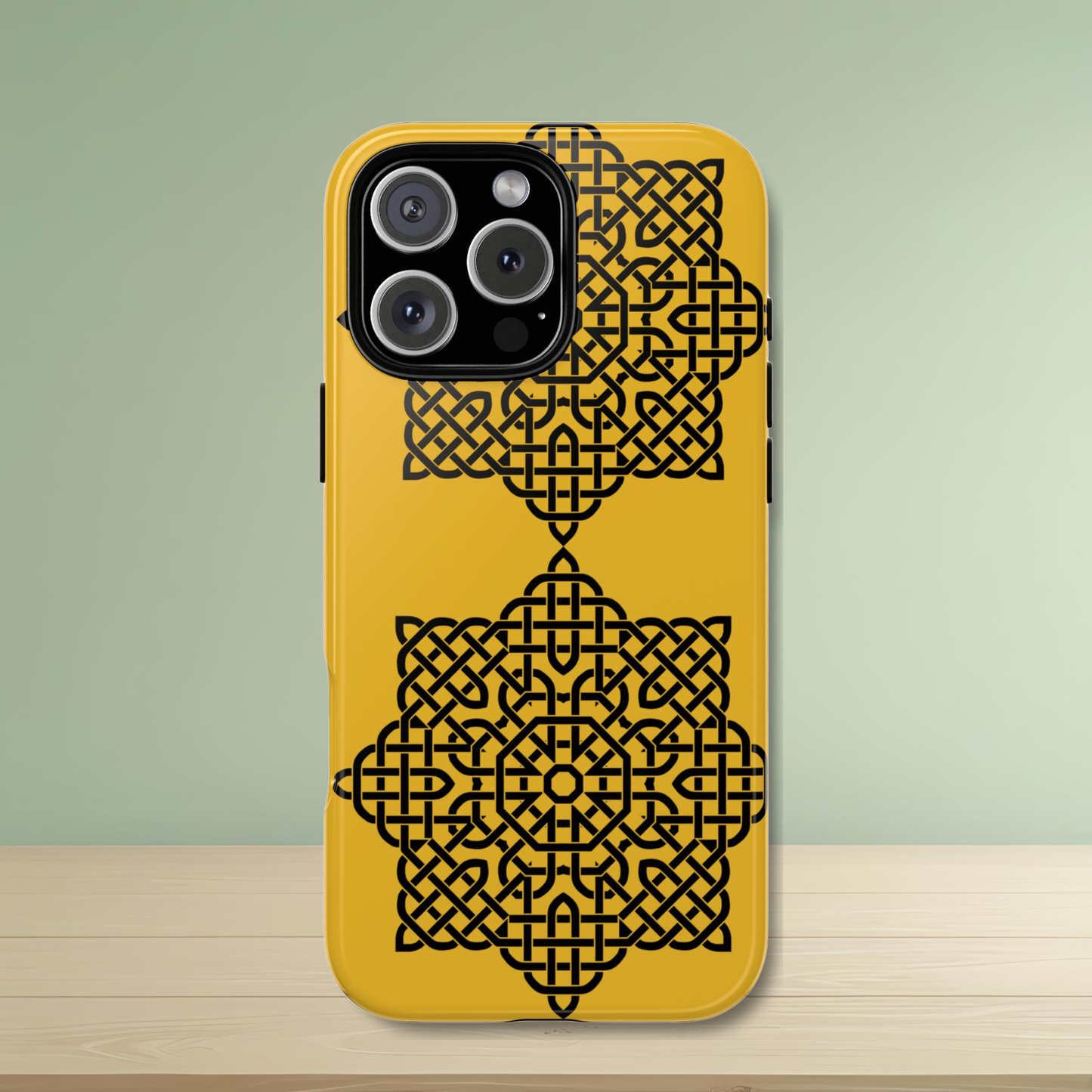 Tough Case Celtic Knot Gold and Black Pattern Phone Cover Compatible with iPhone 17, 16, 15, 14, 13, Galaxy, Google, Irish Heritage Design