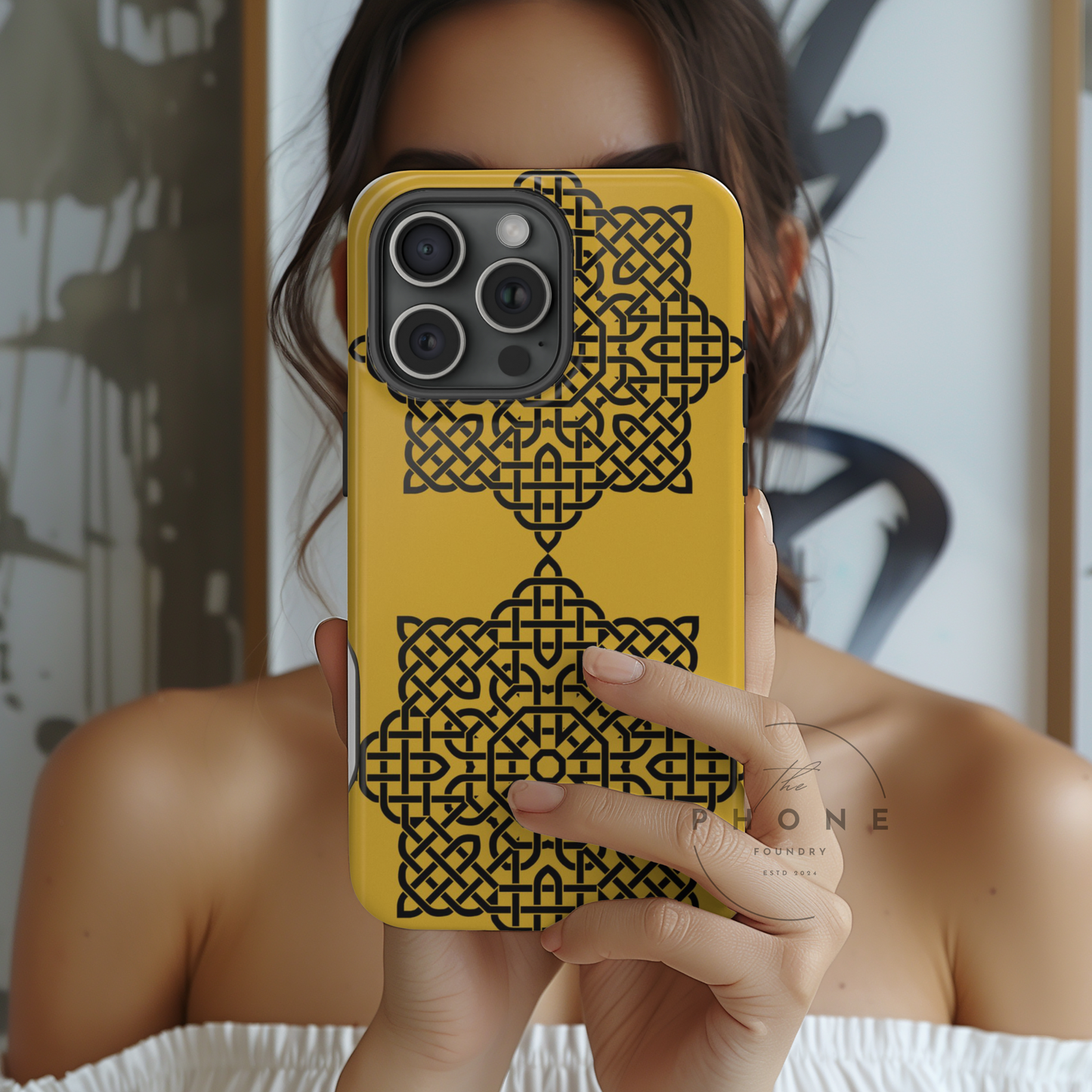 Tough Case Celtic Knot Gold and Black Pattern Phone Cover Compatible with iPhone 17, 16, 15, 14, 13, Galaxy, Google, Irish Heritage Design