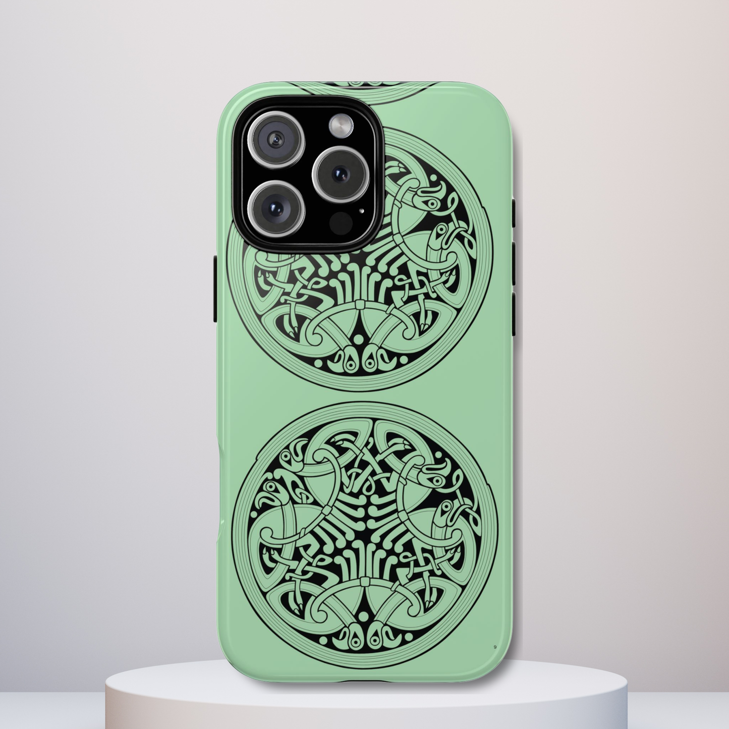 Tough Case Celtic Medallion Mint Green Design Phone Cover Compatible with iPhone 17, 16, 15, 14, 13, Galaxy, Google, Irish Heritage Pattern