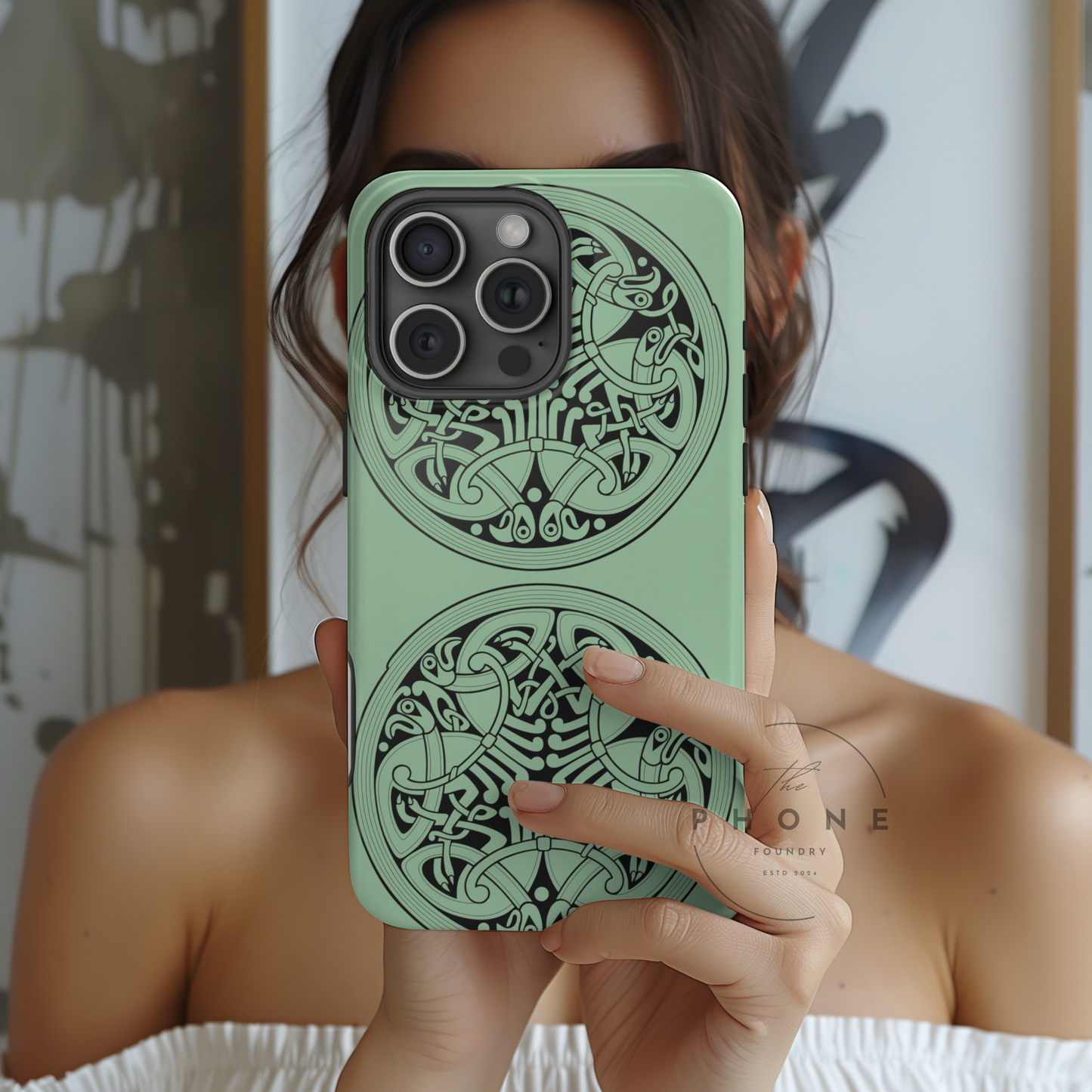 Tough Case Celtic Medallion Mint Green Design Phone Cover Compatible with iPhone 17, 16, 15, 14, 13, Galaxy, Google, Irish Heritage Pattern