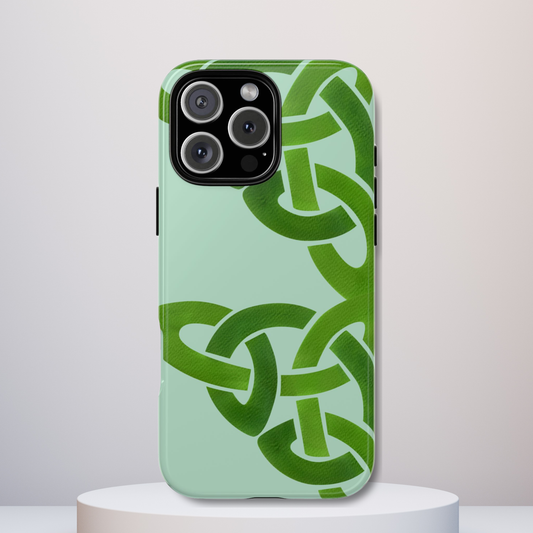 Tough Case Celtic Knot Light Green Pattern Phone Cover Compatible with iPhone 17, 16, 15, 14, 13, Galaxy, Google, Irish Heritage Design