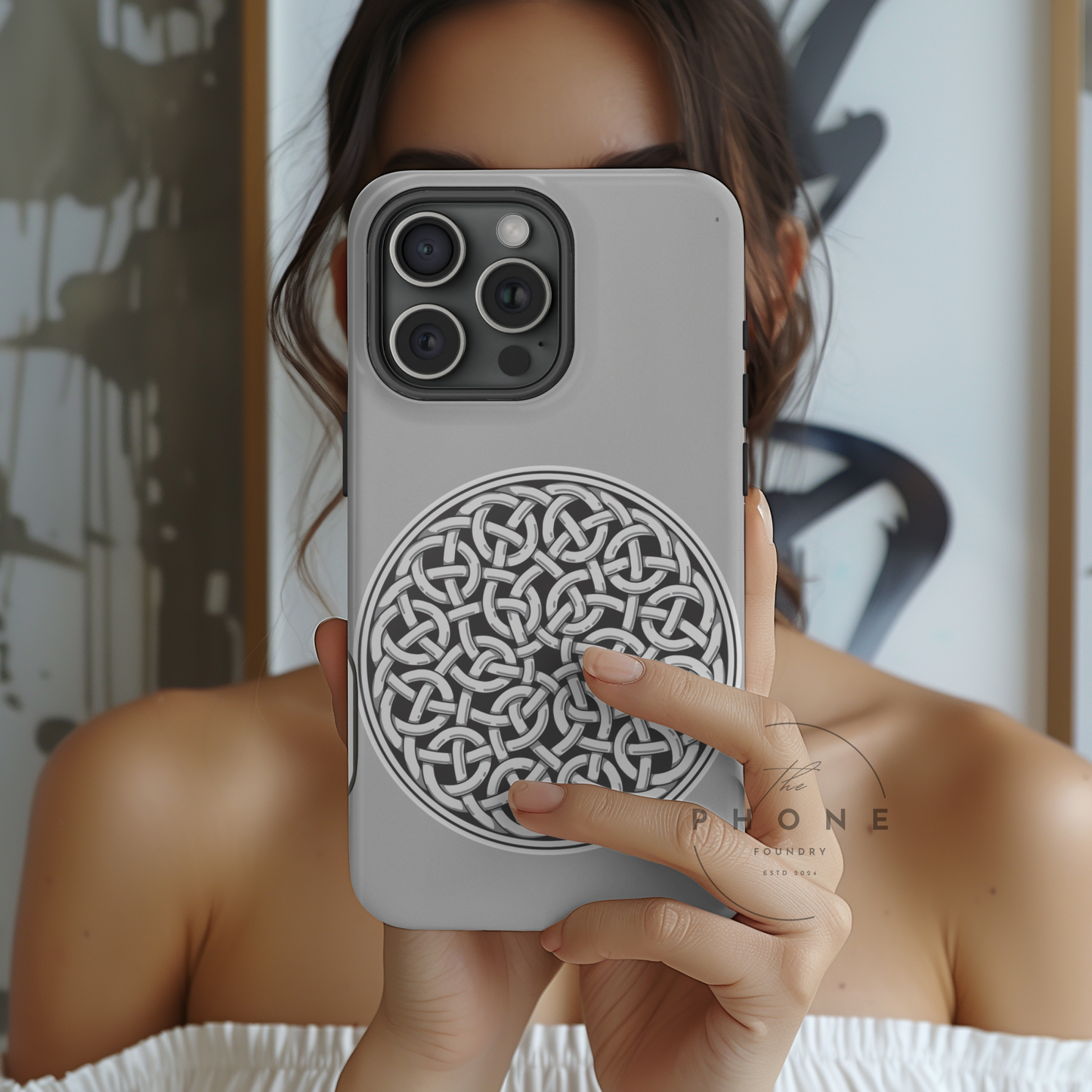 Tough Case Celtic Knot Silver Medallion Design Phone Cover Compatible with iPhone 17, 16, 15, 14, 13, Galaxy, Google, Irish Heritage Art