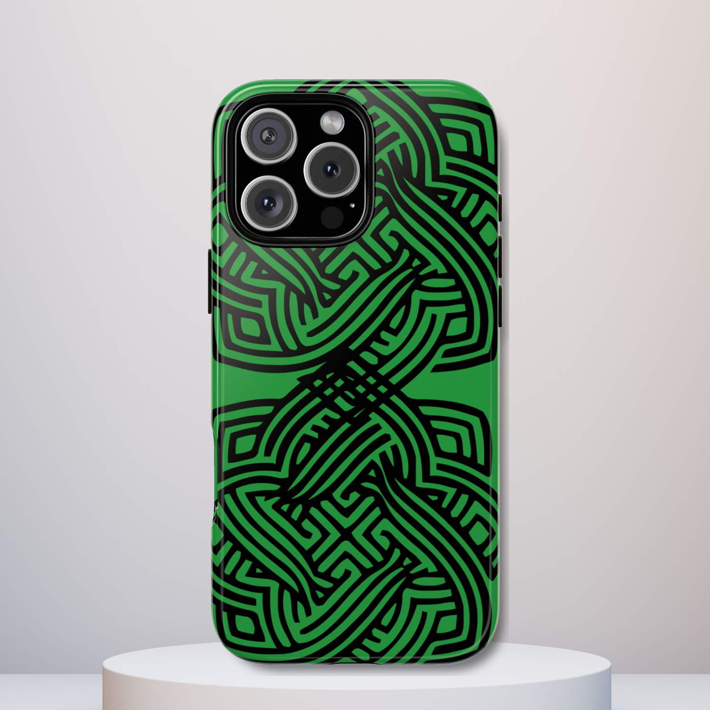 Tough Case Celtic Knot Green and Black Pattern Phone Cover Compatible with iPhone 17, 16, 15, 14, 13, Galaxy, Google, Irish Heritage Design