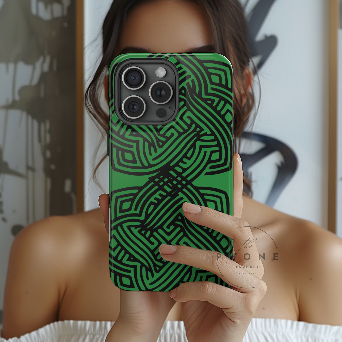 Tough Case Celtic Knot Green and Black Pattern Phone Cover Compatible with iPhone 17, 16, 15, 14, 13, Galaxy, Google, Irish Heritage Design