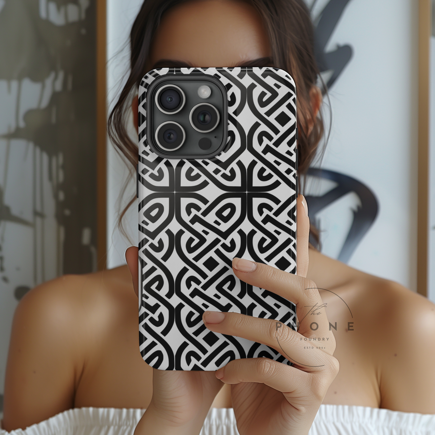 Tough Case Celtic Knot Black and White Pattern Phone Cover Compatible with iPhone 17, 16, 15, 14, 13, Galaxy, Google, Irish Heritage Design