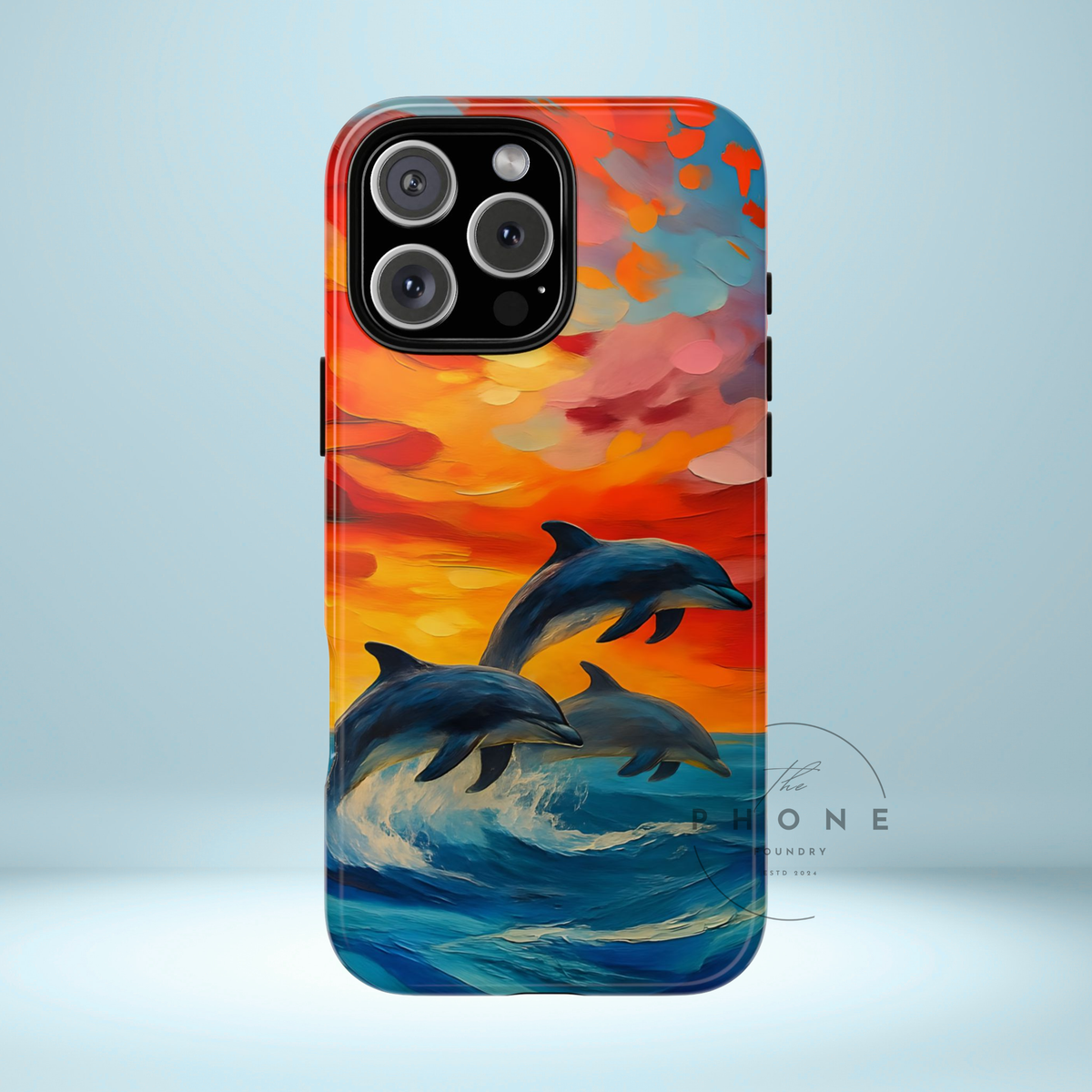 Ocean Scenery Tough Phone Case, Dolphin Phone Cover, Oil Painting, Sunset Sea Life Compatible with iPhone, Galaxy, Google