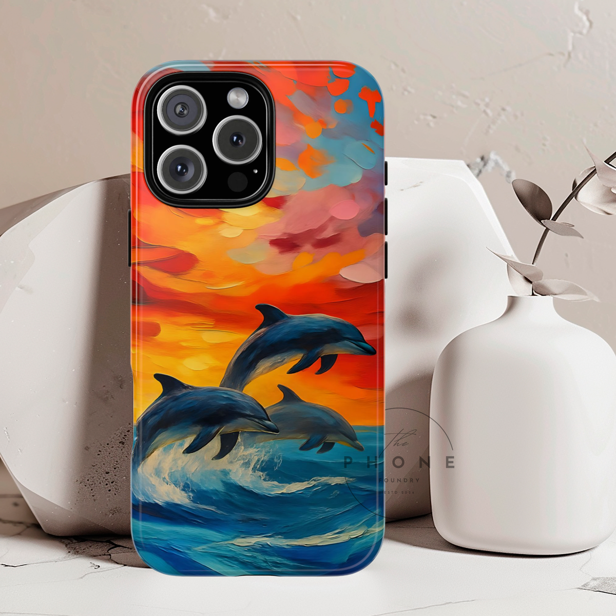 Ocean Scenery Tough Phone Case, Dolphin Phone Cover, Oil Painting, Sunset Sea Life Compatible with iPhone, Galaxy, Google