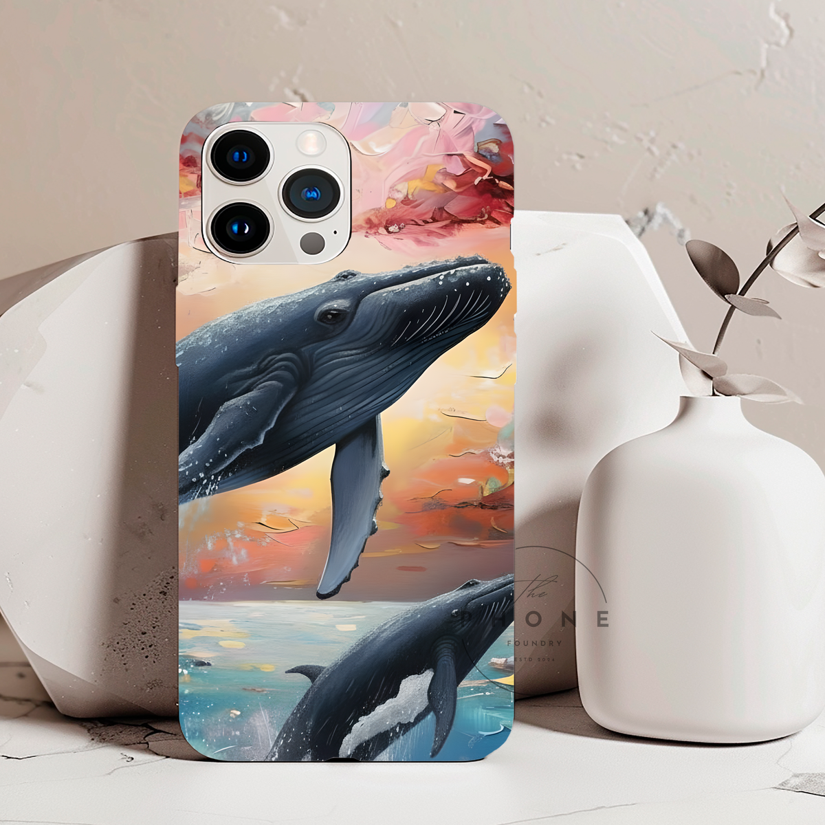 Whale Ocean Scenery Tough Phone Case, Oil Painting, Sunset Sea Life Compatible with iPhone 17, 16, 15, 14, 13, Galaxy, Google