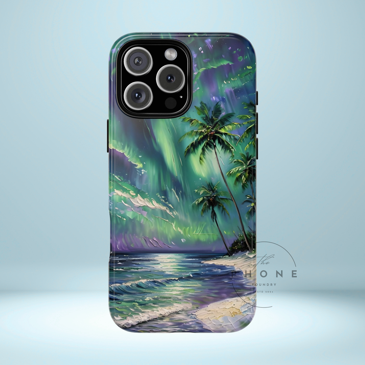 Tropical Beach Scenery Tough Phone Case, Oil Painting, Northern Lights Compatible with iPhone 17, 16, 15, 14, 13, Galaxy, Google
