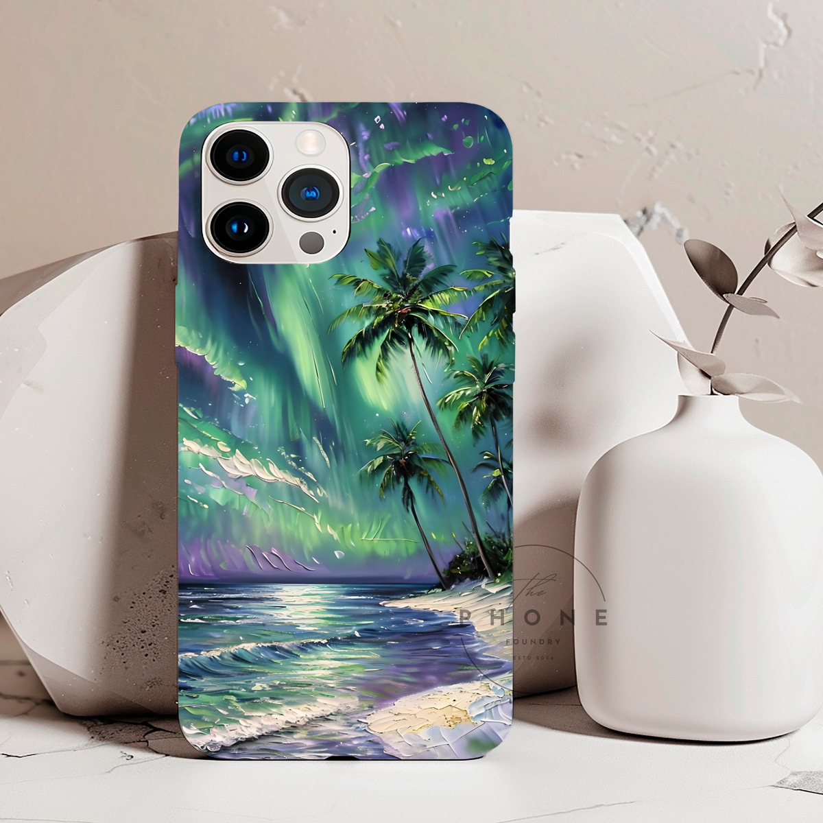 Tropical Beach Scenery Tough Phone Case, Oil Painting, Northern Lights Compatible with iPhone 17, 16, 15, 14, 13, Galaxy, Google