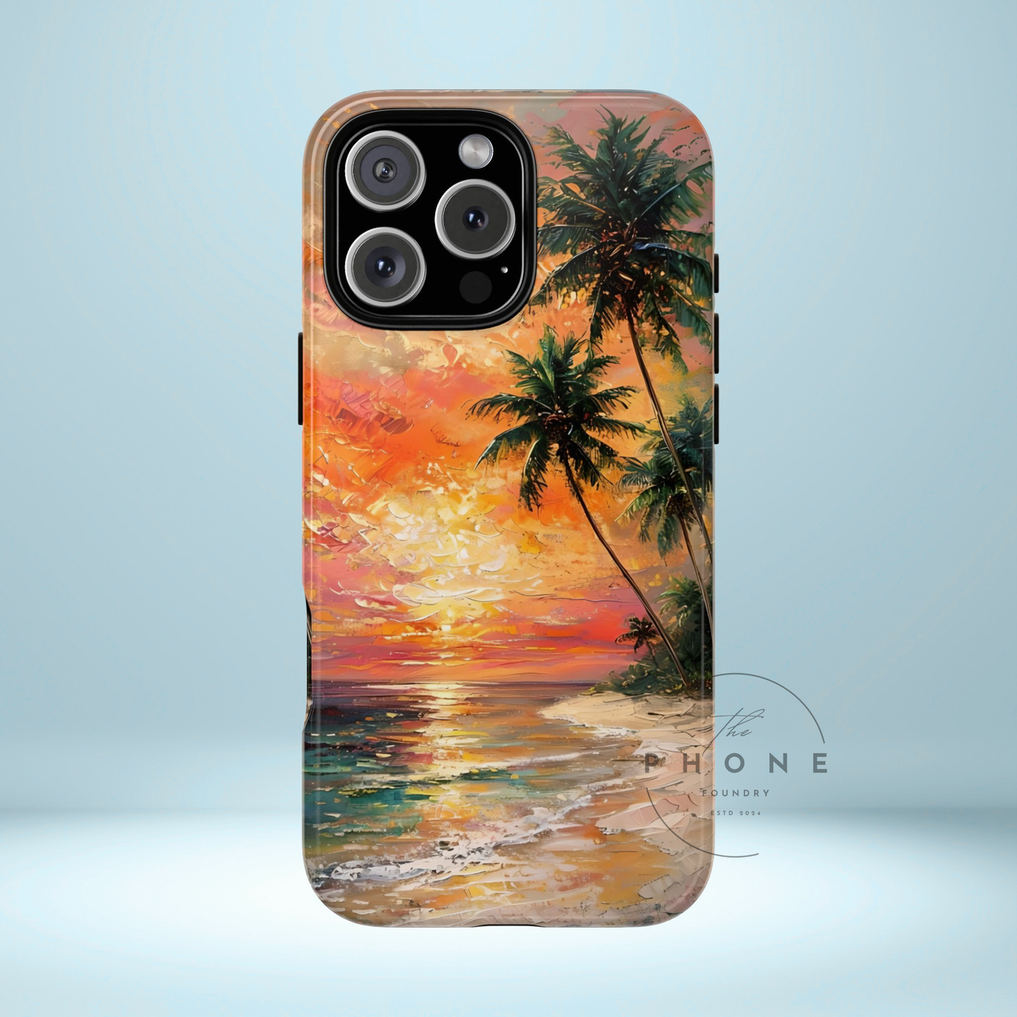 Tropical Beach Scenery Tough Phone Case, Oil Painting, Sunset Shoreline Compatible with iPhone 17, 16, 15, 14, 13, Galaxy, Google