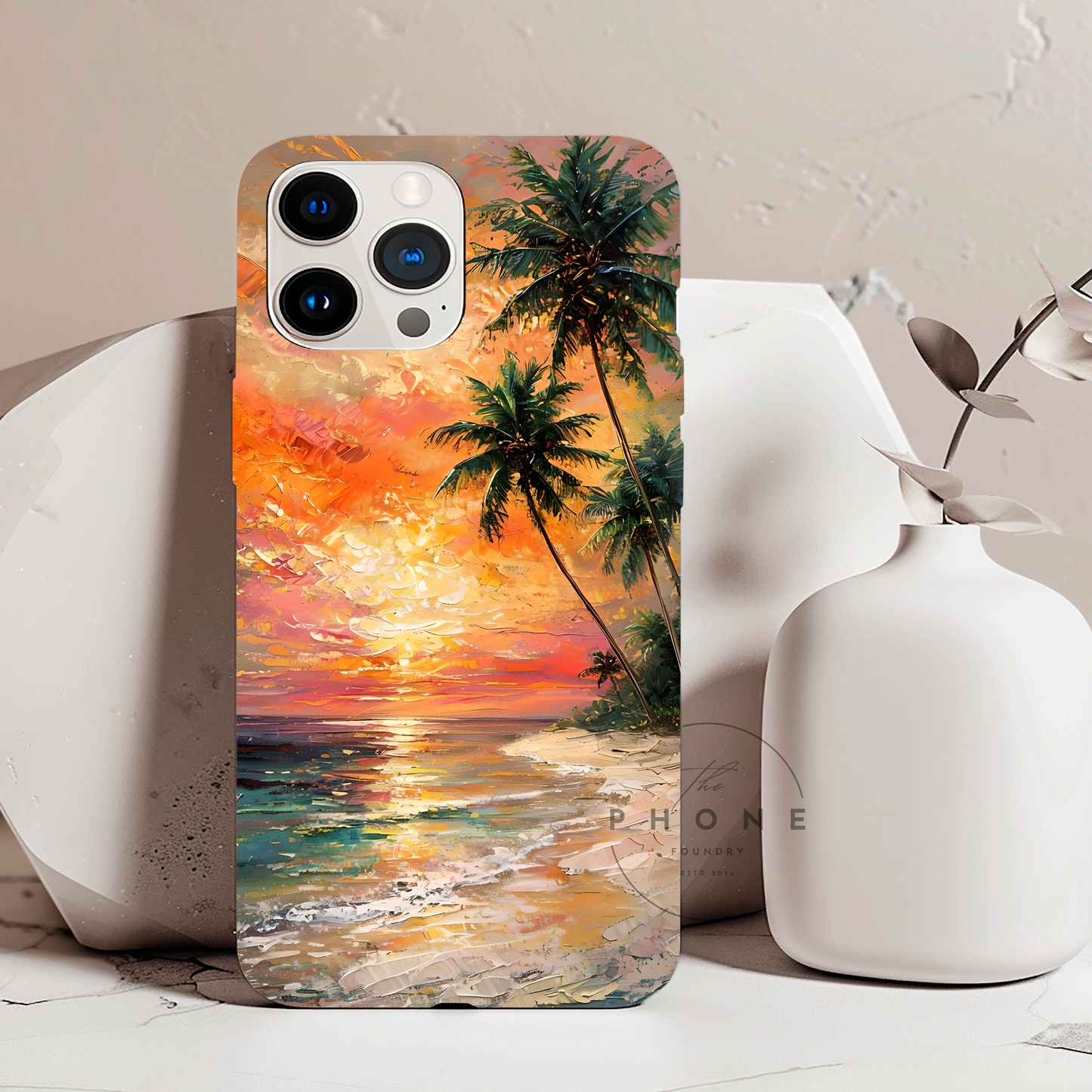 Tropical Beach Scenery Tough Phone Case, Oil Painting, Sunset Shoreline Compatible with iPhone 17, 16, 15, 14, 13, Galaxy, Google