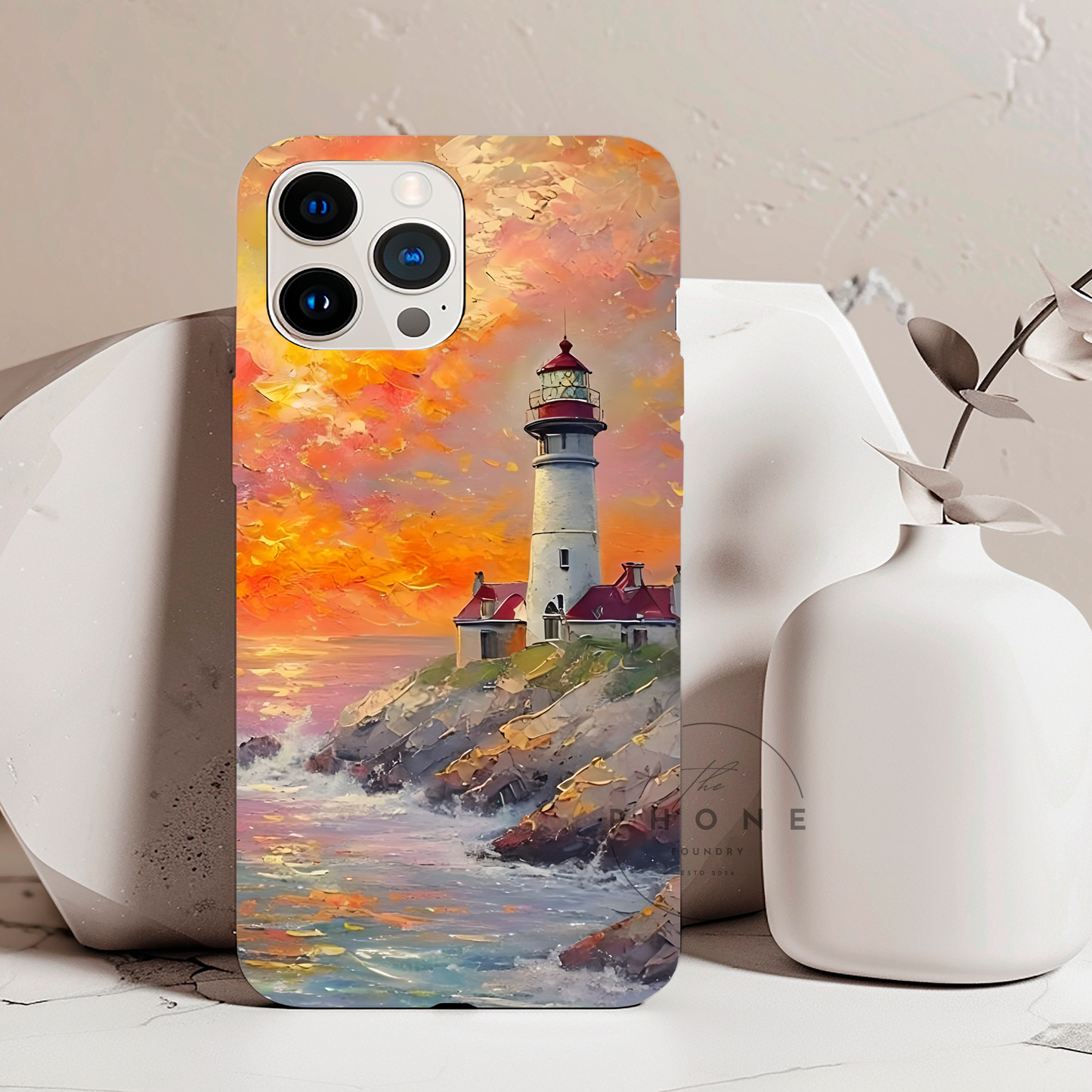 Lighthouse Ocean Scenery Tough Phone Case, Oil Painting, Sunset Coastal Compatible with iPhone 17, 16, 15, 14, 13, Galaxy, Google