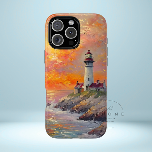 Lighthouse Ocean Scenery Tough Phone Case, Oil Painting, Sunset Coastal Compatible with iPhone 17, 16, 15, 14, 13, Galaxy, Google
