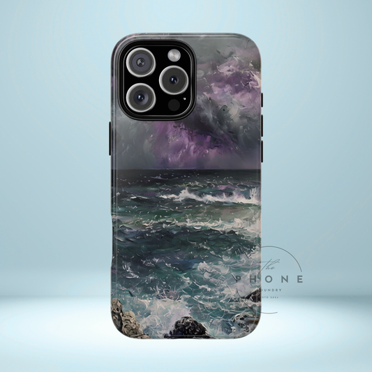 Stormy Ocean Scenery Tough Phone Case, Oil Painting, Dark Sea Waves Compatible with iPhone 17, 16, 15, 14, 13, Galaxy, Google