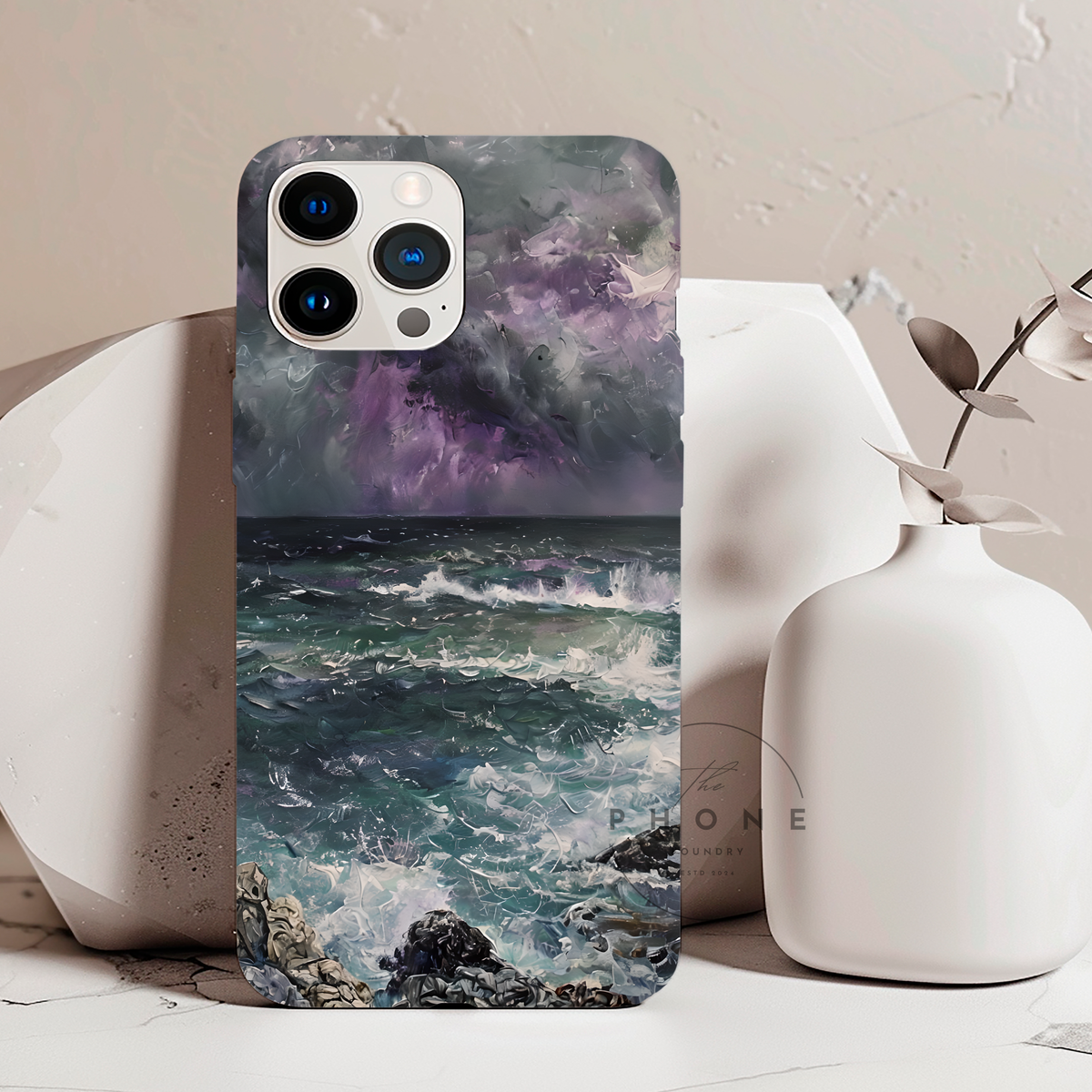 Stormy Ocean Scenery Tough Phone Case, Oil Painting, Dark Sea Waves Compatible with iPhone 17, 16, 15, 14, 13, Galaxy, Google