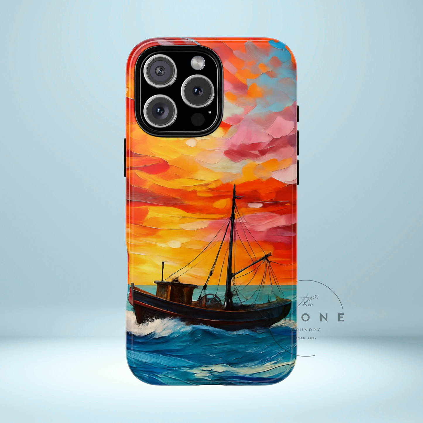 Ocean Art Scenery Tough Phone Case, Oil Painting Style Nautical Sunset Compatible with iPhone 17, 16, 15, 14, 13, Galaxy, Google