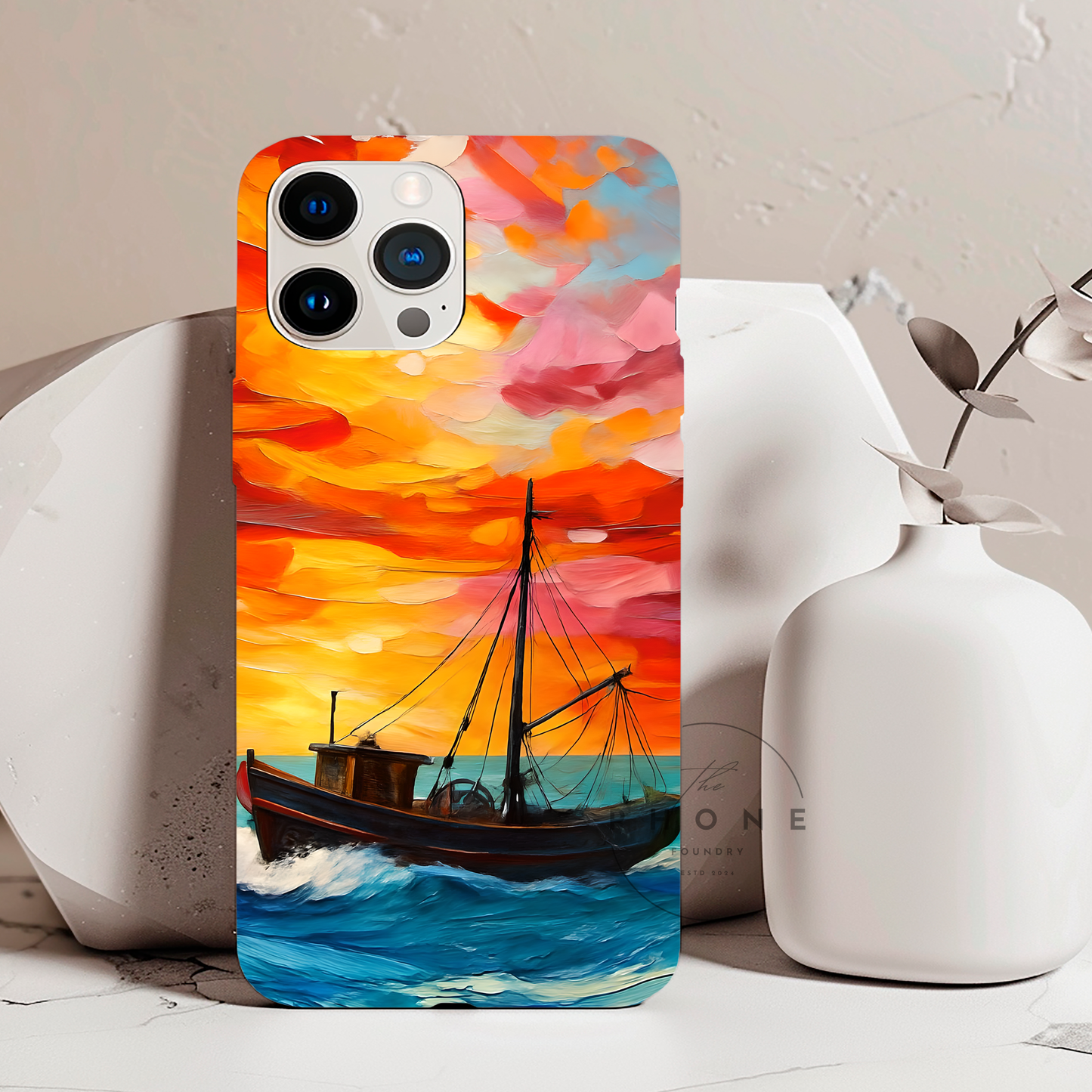 Ocean Art Scenery Tough Phone Case, Oil Painting Style Nautical Sunset Compatible with iPhone 17, 16, 15, 14, 13, Galaxy, Google
