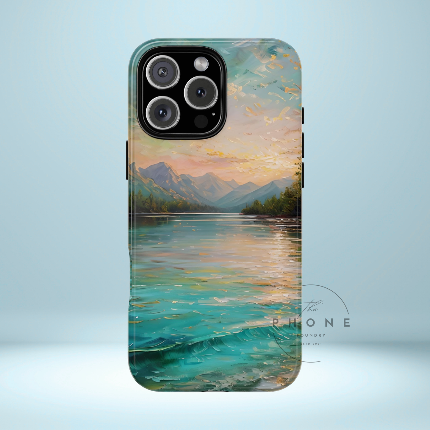 Mountain Lake Scenery Tough Phone Case, Oil Painting Phone Cover, Calm Water Scene Compatible with iPhone 17, 16, 15, 14, 13, Galaxy, Google