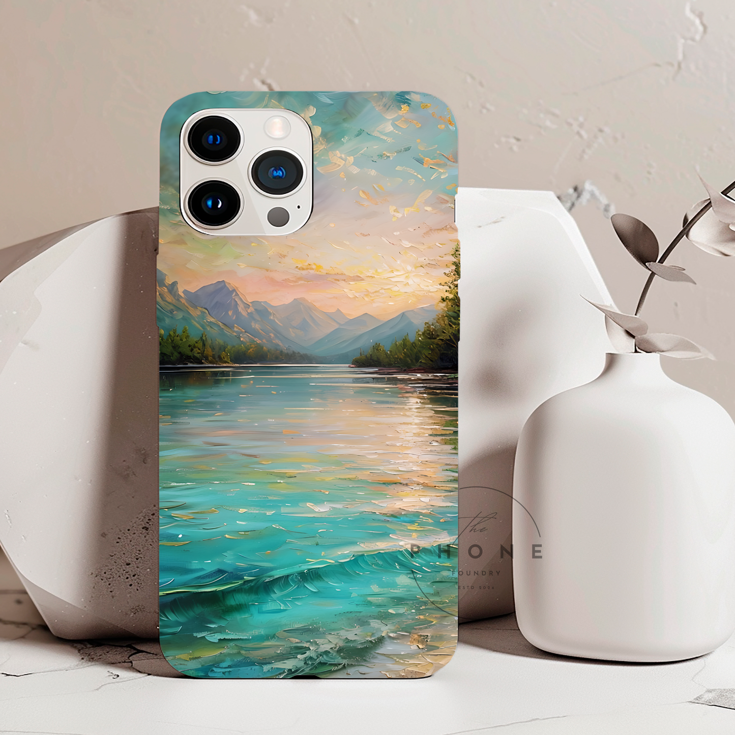 Mountain Lake Scenery Tough Phone Case, Oil Painting Phone Cover, Calm Water Scene Compatible with iPhone 17, 16, 15, 14, 13, Galaxy, Google