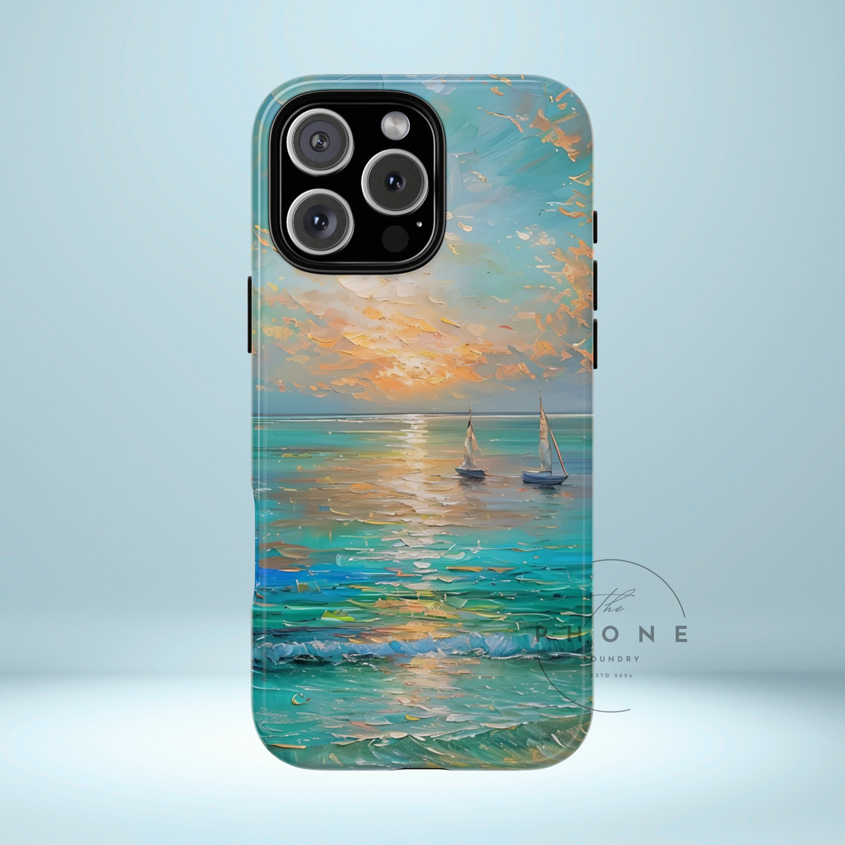 Sailboat Ocean Scenery Tough Phone Case, Oil Painting Phone Cover, Sunset Sailing Compatible with iPhone 17, 16, 15, 14, 13, Galaxy, Google