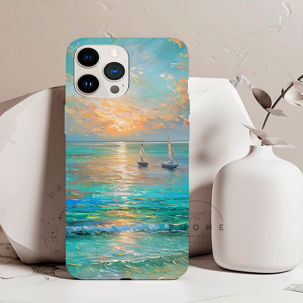 Sailboat Ocean Scenery Tough Phone Case, Oil Painting Phone Cover, Sunset Sailing Compatible with iPhone 17, 16, 15, 14, 13, Galaxy, Google