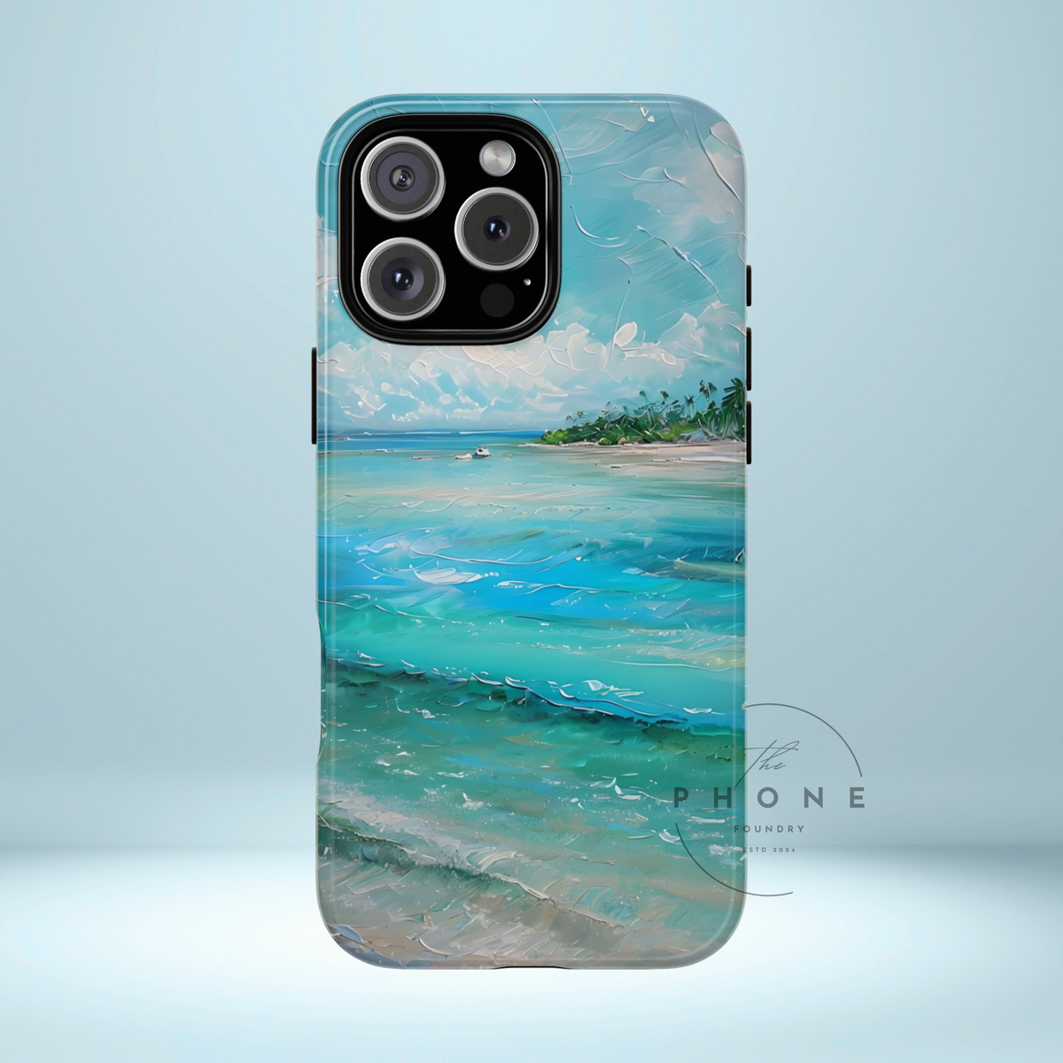 Tropical Beach Scenery Tough Phone Case, Oil Painting Phone Cover, Turquoise Ocean Compatible with iPhone 17, 16, 15, 14, 13, Galaxy, Google