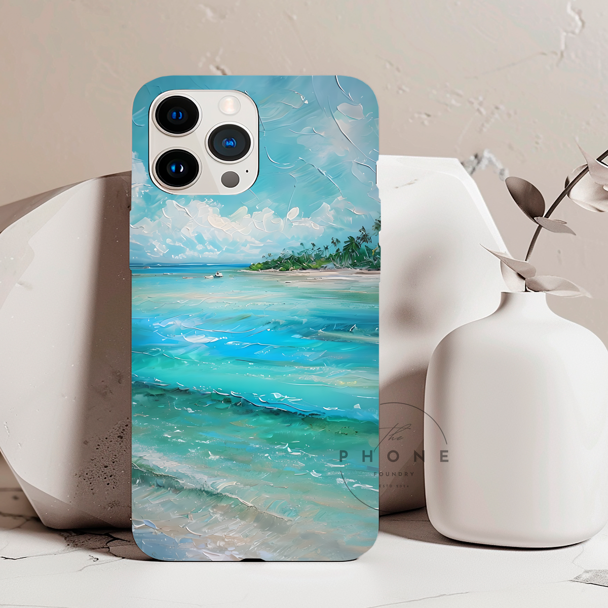 Tropical Beach Scenery Tough Phone Case, Oil Painting Phone Cover, Turquoise Ocean Compatible with iPhone 17, 16, 15, 14, 13, Galaxy, Google