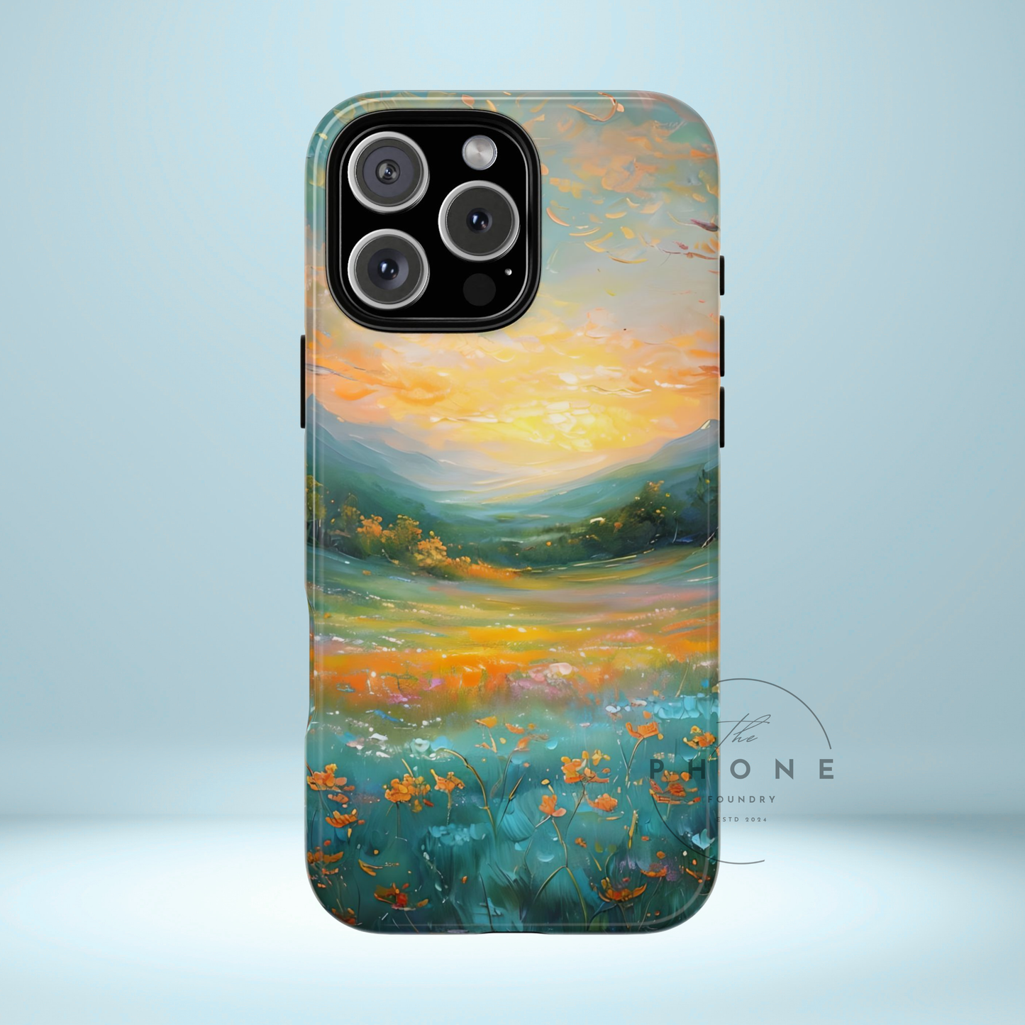 Wildflower Meadow Scenery Tough Phone Case, Oil Painting, Mountain Sunrise Compatible with iPhone 17, 16, 15, 14, 13, Galaxy, Google