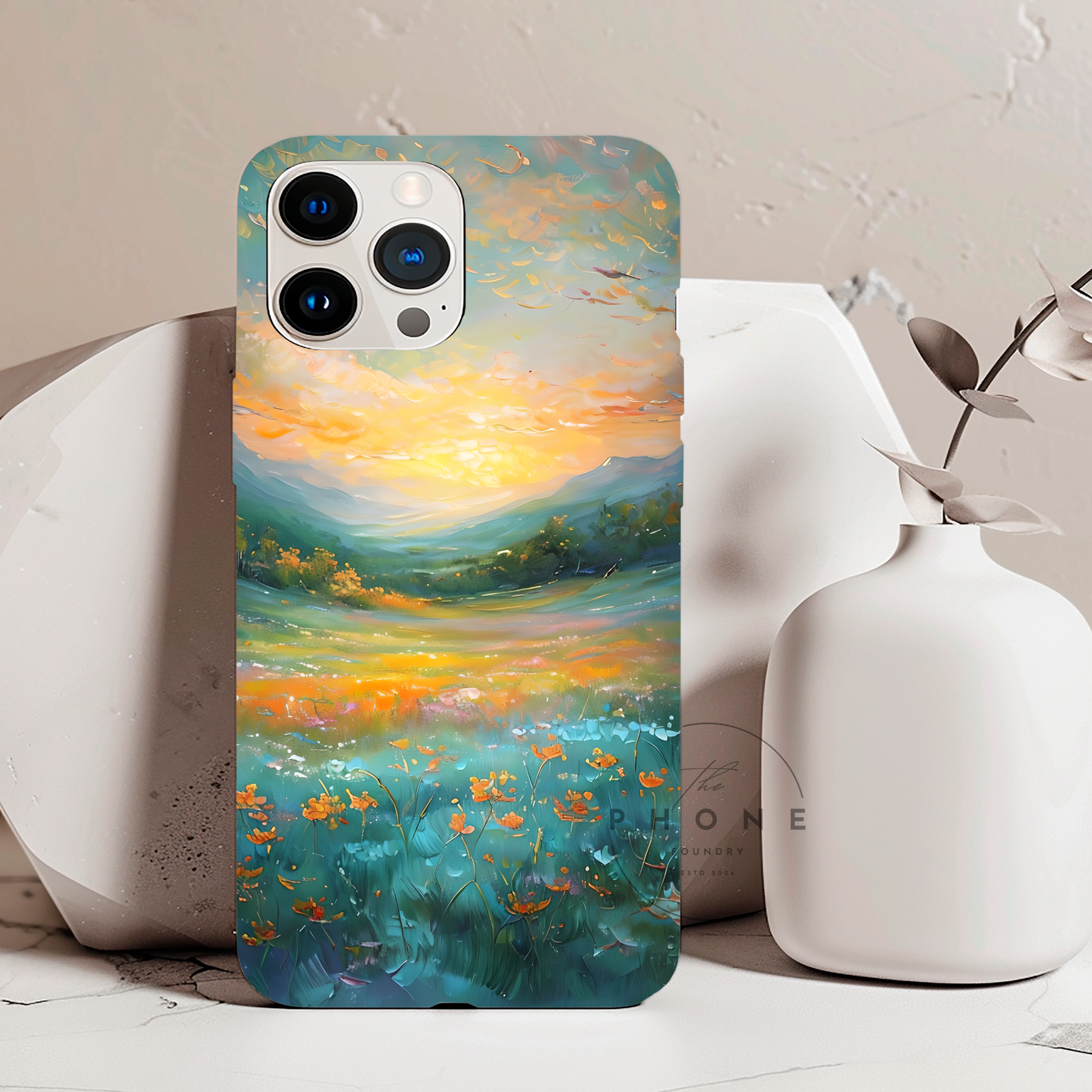 Wildflower Meadow Scenery Tough Phone Case, Oil Painting, Mountain Sunrise Compatible with iPhone 17, 16, 15, 14, 13, Galaxy, Google