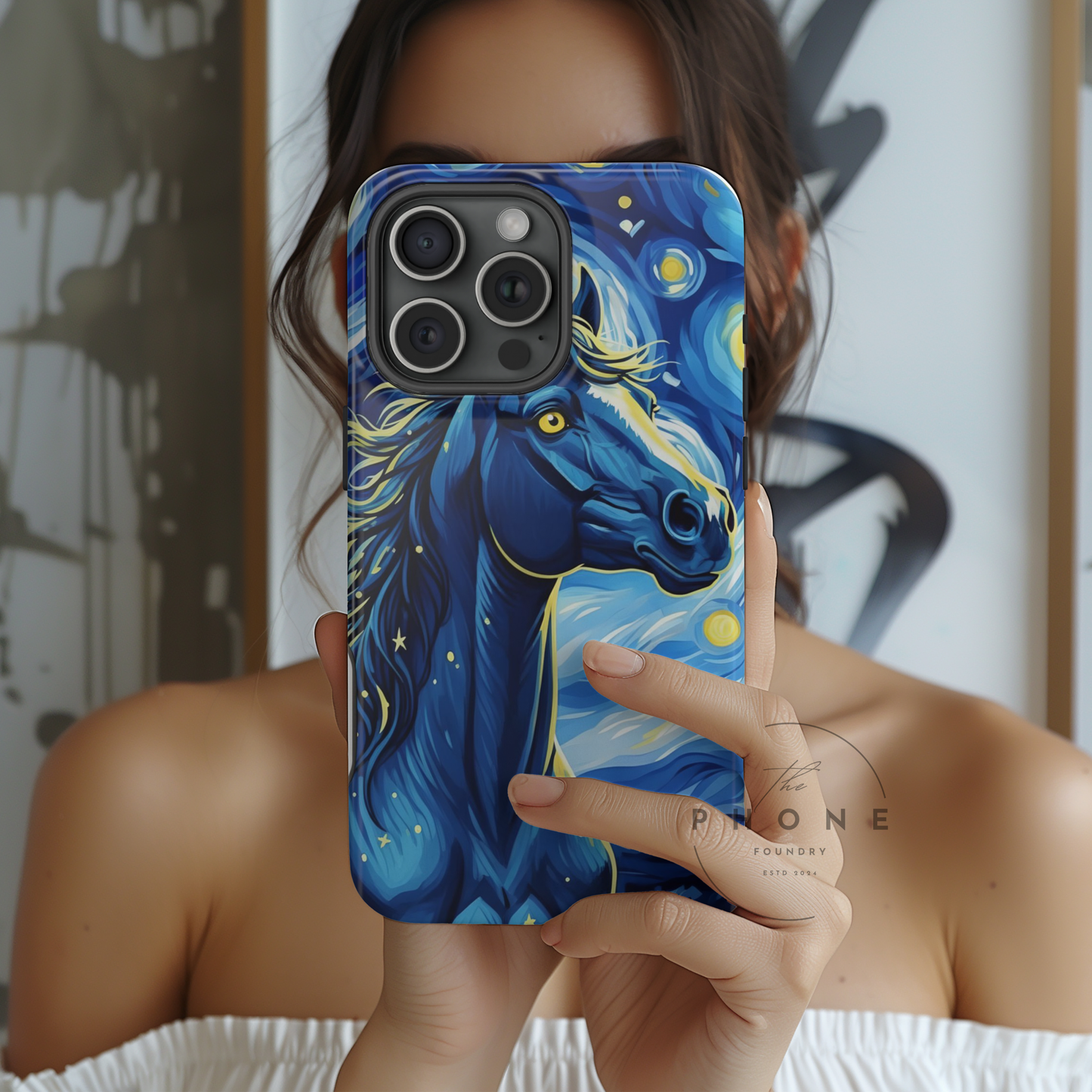 Year of the Horse Slim Phone Case Chinese Zodiac Blue Horse Art Design Compatible with iPhone 17 16 15 14 13 12 11