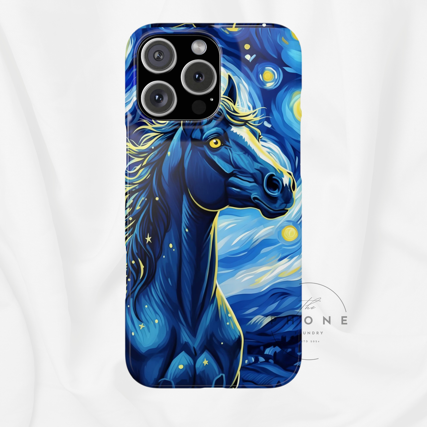 Year of the Horse Slim Phone Case Chinese Zodiac Blue Horse Art Design Compatible with iPhone 17 16 15 14 13 12 11