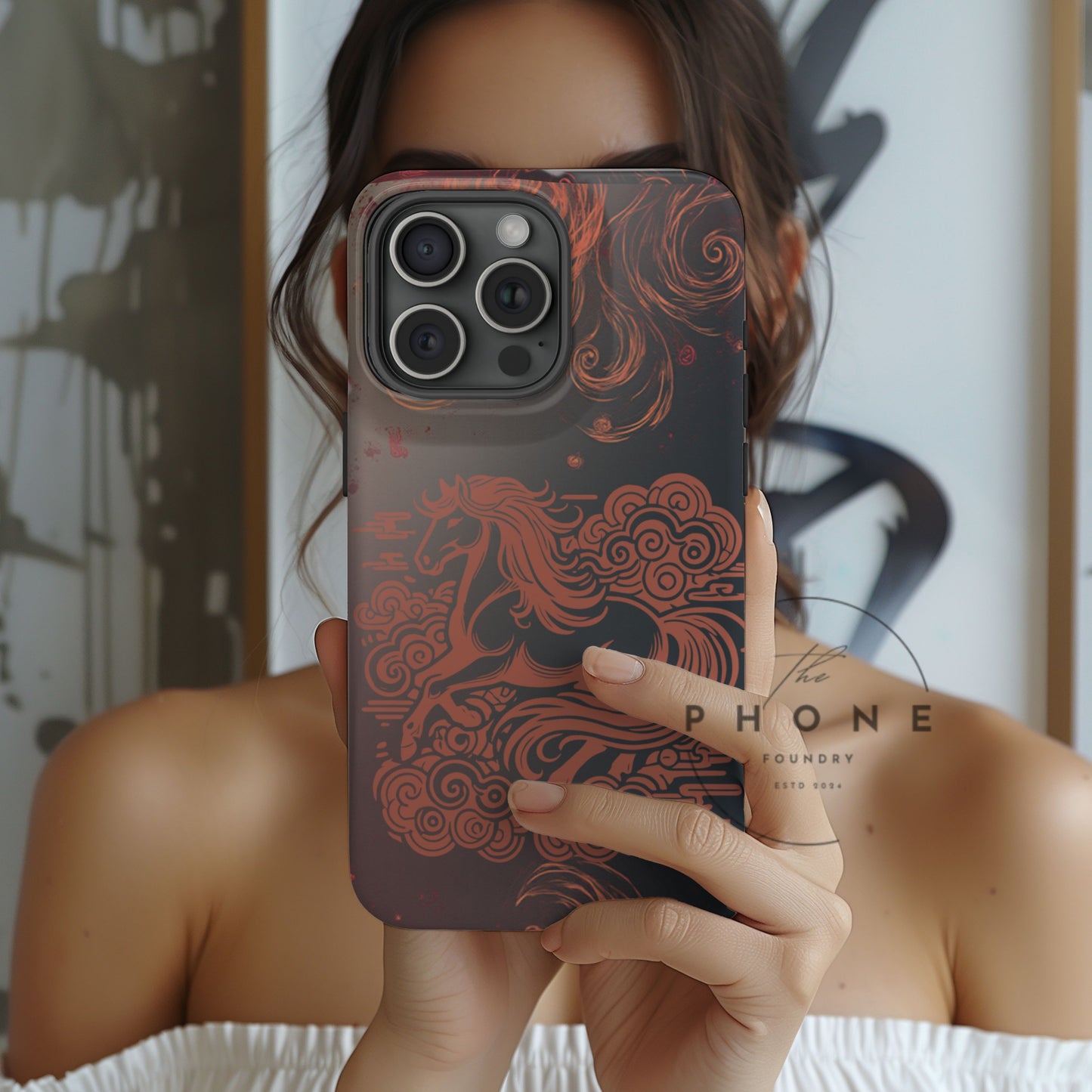 Year of the Horse Floral Art Slim Phone Case, Chinese Zodiac 2026 Design, compatible with iPhone 17 16 15 14 13 Galaxy Google