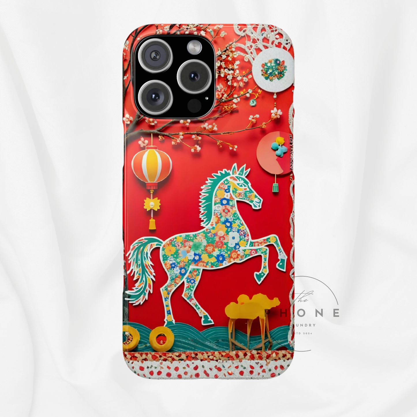 Year of the Horse Slim Phone Case, Flower Art Chinese Zodiac 2026 Design, compatible with iPhone 17 16 15 14 13 12 11