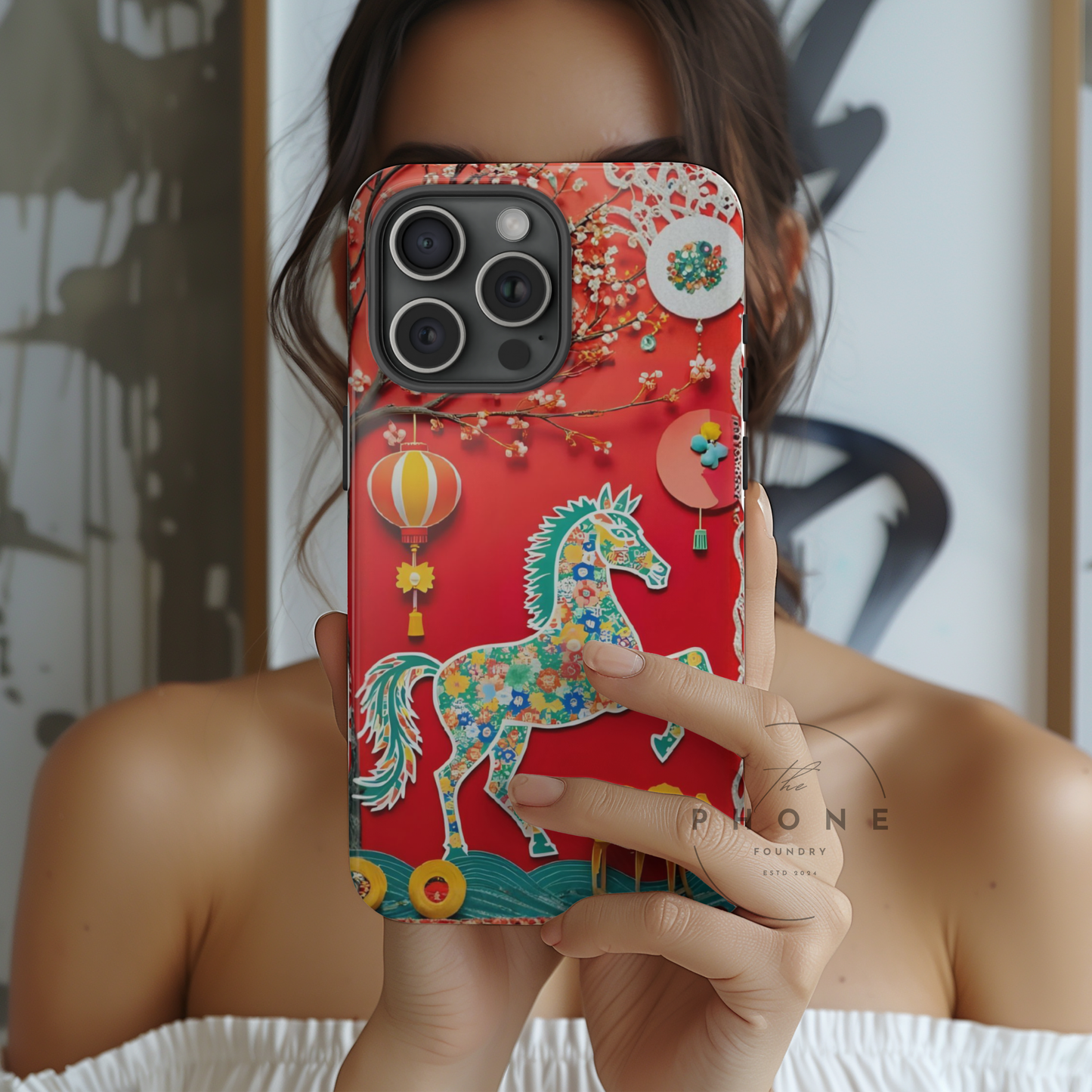 Year of the Horse Floral Art Magnetic Phone Case, Chinese Zodiac 2026 Design, compatible with iPhone 17 16 15 14 13
