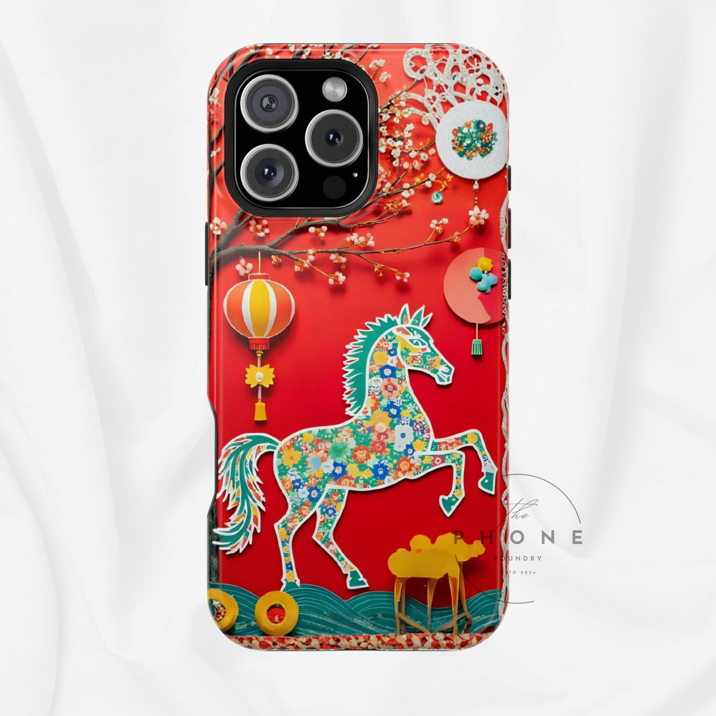 Year of the Horse Floral Art Magnetic Phone Case, Chinese Zodiac 2026 Design, compatible with iPhone 17 16 15 14 13