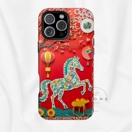 Year of the Horse Floral Art Magnetic Phone Case, Chinese Zodiac 2026 Design, compatible with iPhone 17 16 15 14 13