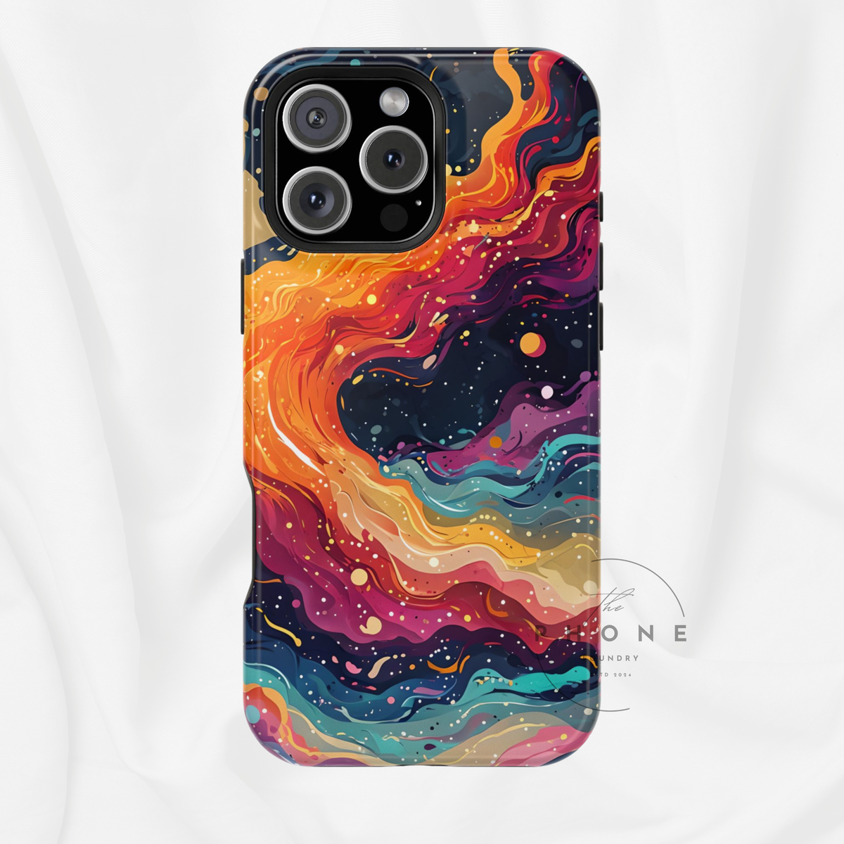 This cosmic abstract magnetic phone case features a swirling galaxy of bright orange, pink, purple, and teal set against a dark star-speckled sky. The vibrant color flow mimics the look of nebulae and cosmic storms, making this the perfect accessory for space lovers and dreamers.