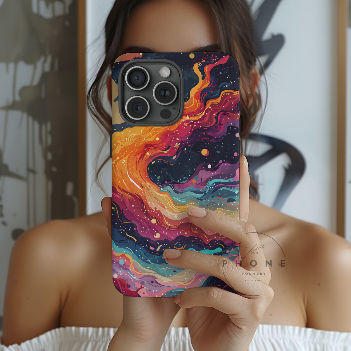 Inspired by interstellar motion and psychedelic art, this galaxy swirl magnetic phone case blends vivid colors and stardust textures. The flow of abstract lines and colors across a black background gives the illusion of a living, breathing nebula.