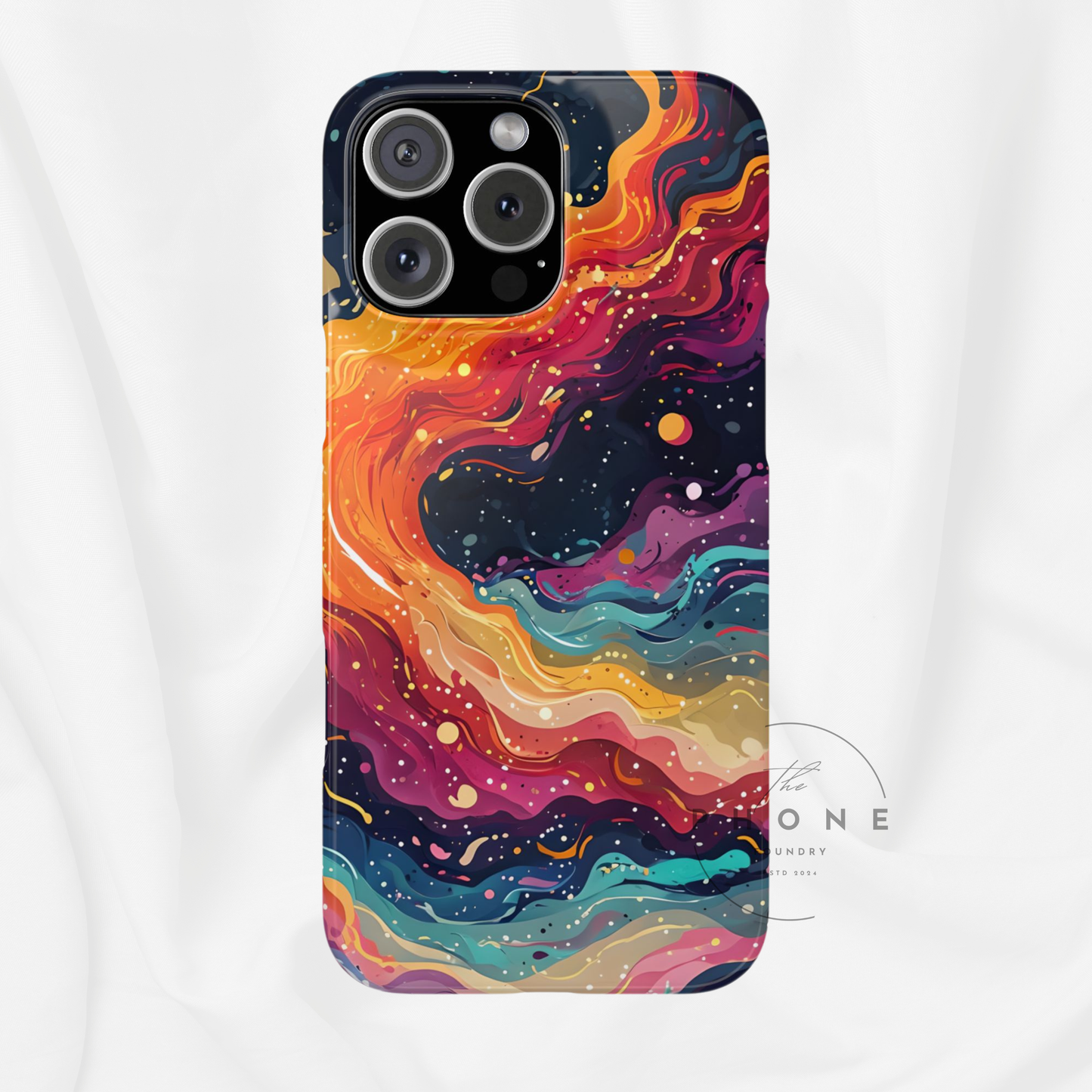 This cosmic abstract phone case features a swirling galaxy of bright orange, pink, purple, and teal set against a dark star-speckled sky. The vibrant color flow mimics the look of nebulae and cosmic storms, making this the perfect accessory for space lovers and dreamers.
