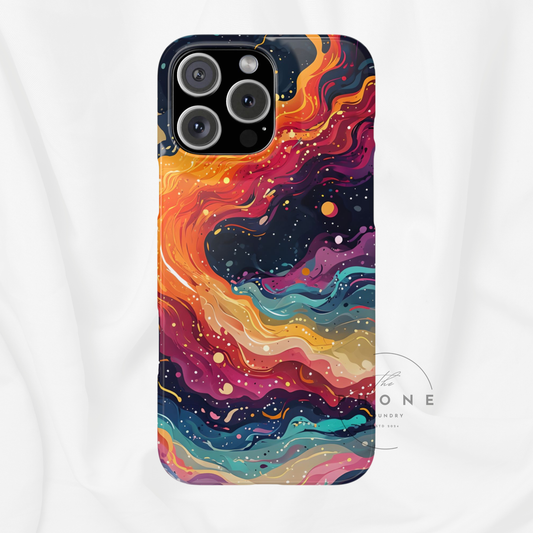 This cosmic abstract phone case features a swirling galaxy of bright orange, pink, purple, and teal set against a dark star-speckled sky. The vibrant color flow mimics the look of nebulae and cosmic storms, making this the perfect accessory for space lovers and dreamers.