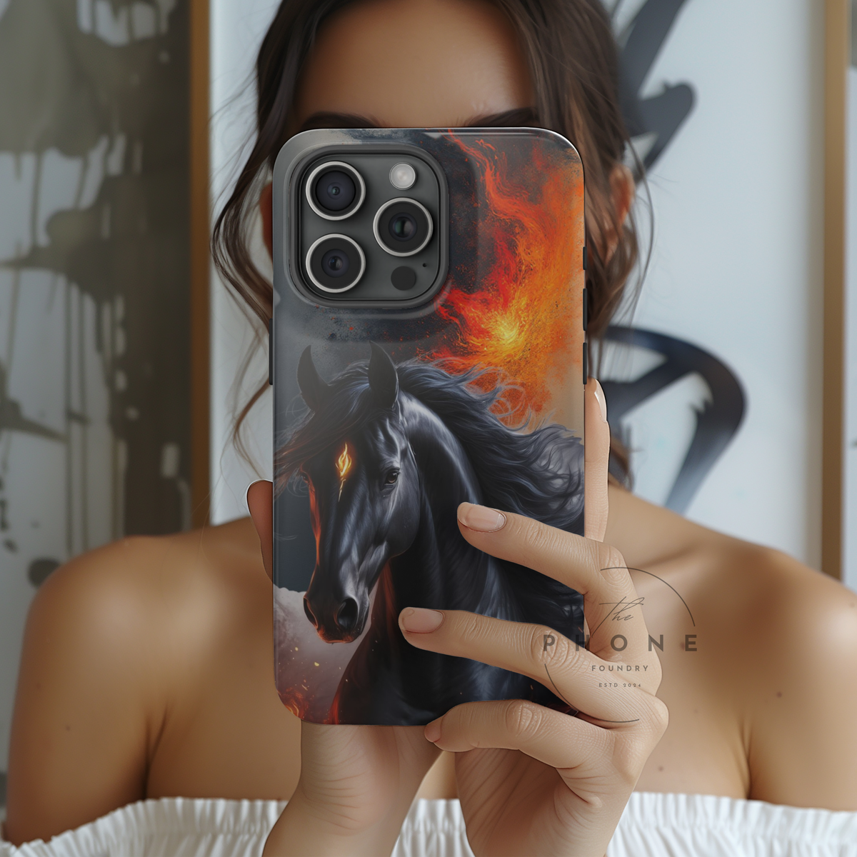 Year of the Horse Black Art Slim Phone Case, Chinese Zodiac 2026 Design, compatible with iPhone 17 16 15 14 13 12 11
