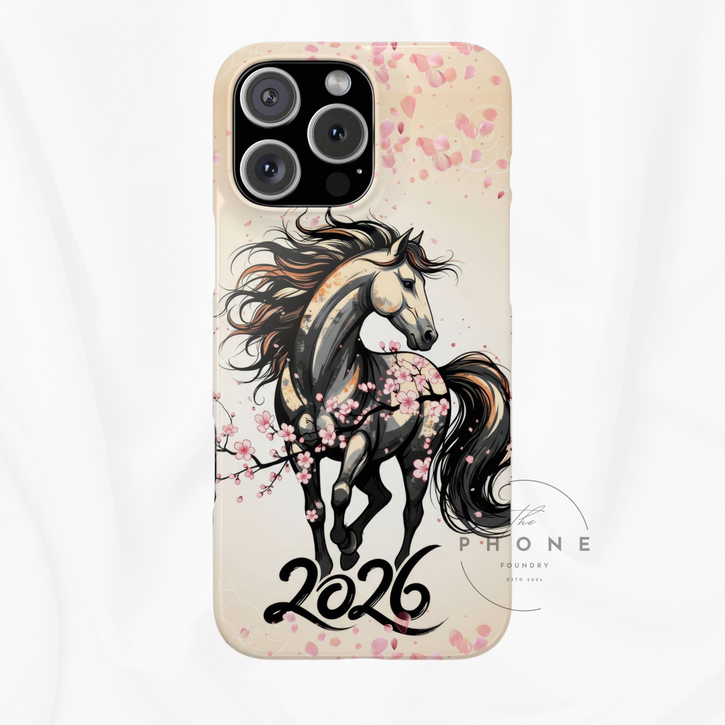 Year of the Horse Floral Art Slim Phone Case, Chinese Zodiac 2026 Design, compatible with iPhone 17 16 15 14 13 12 11
